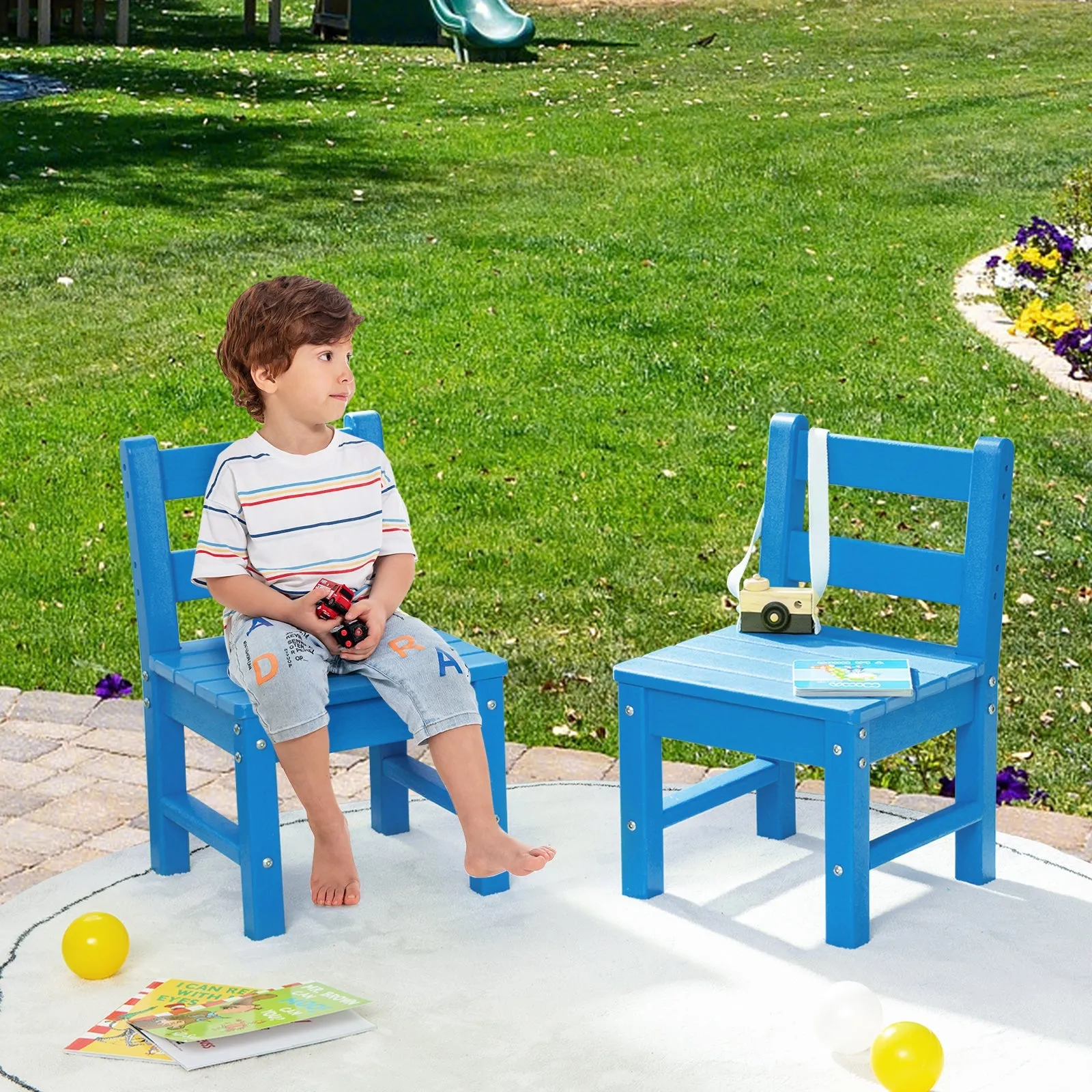 2 PCS Kids Indoor Outdoor Learning Chair with Backrest-Blue