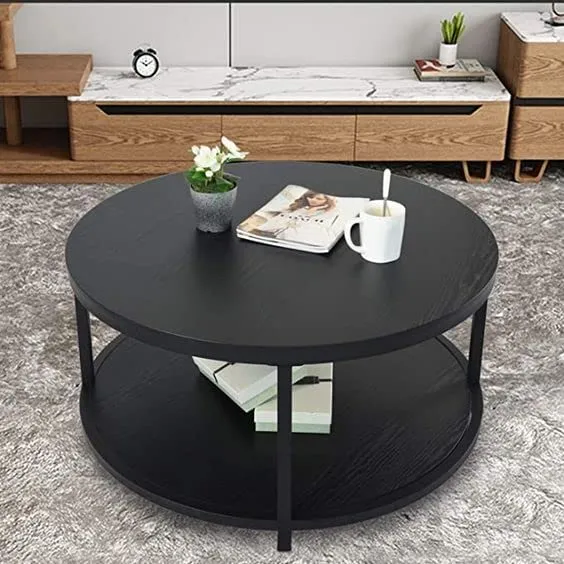 Aaliya Mart Round Coffee Table, 2-Tier Coffee Table for Living Room, Modern Design Black Coffee Tables with Rustic Wood Desktop & Sturdy Metal Legs for Living Room Balcony Office