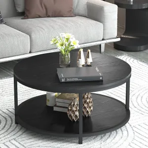 Aaliya Mart Round Coffee Table, 2-Tier Coffee Table for Living Room, Modern Design Black Coffee Tables with Rustic Wood Desktop & Sturdy Metal Legs for Living Room Balcony Office