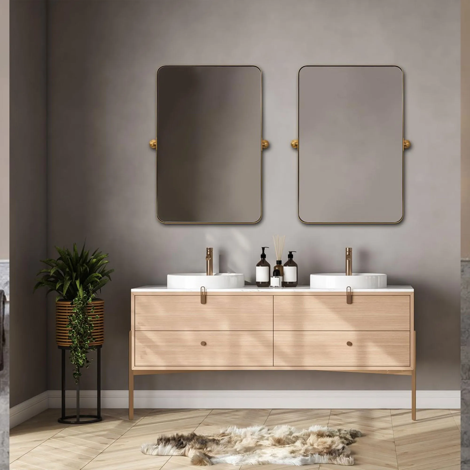 ANDY STAR Modern 22x34" Rectangular Wall Hanging Bathroom Mirror, Brushed Nickel