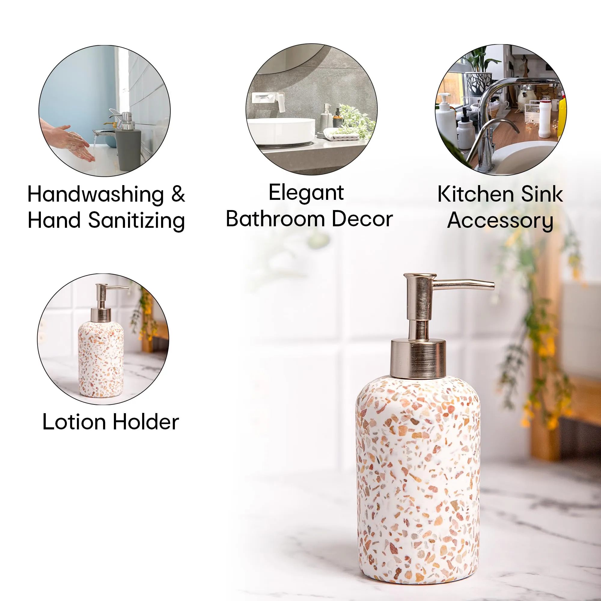 Anko Terazzo Liquid Soap Dispenser | Stoneware | Bathroom Sanitizer, Lotion, Shampoo Dispenser | Ceramic Liquid Soap Dispenser for Bathroom, Kitchen, Wash Basin | Bathroom Accessories | Pink