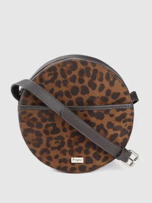 Berrylush Women Brown & Black Animal Printed PU Drawstring Structured Small Round Sling Bag