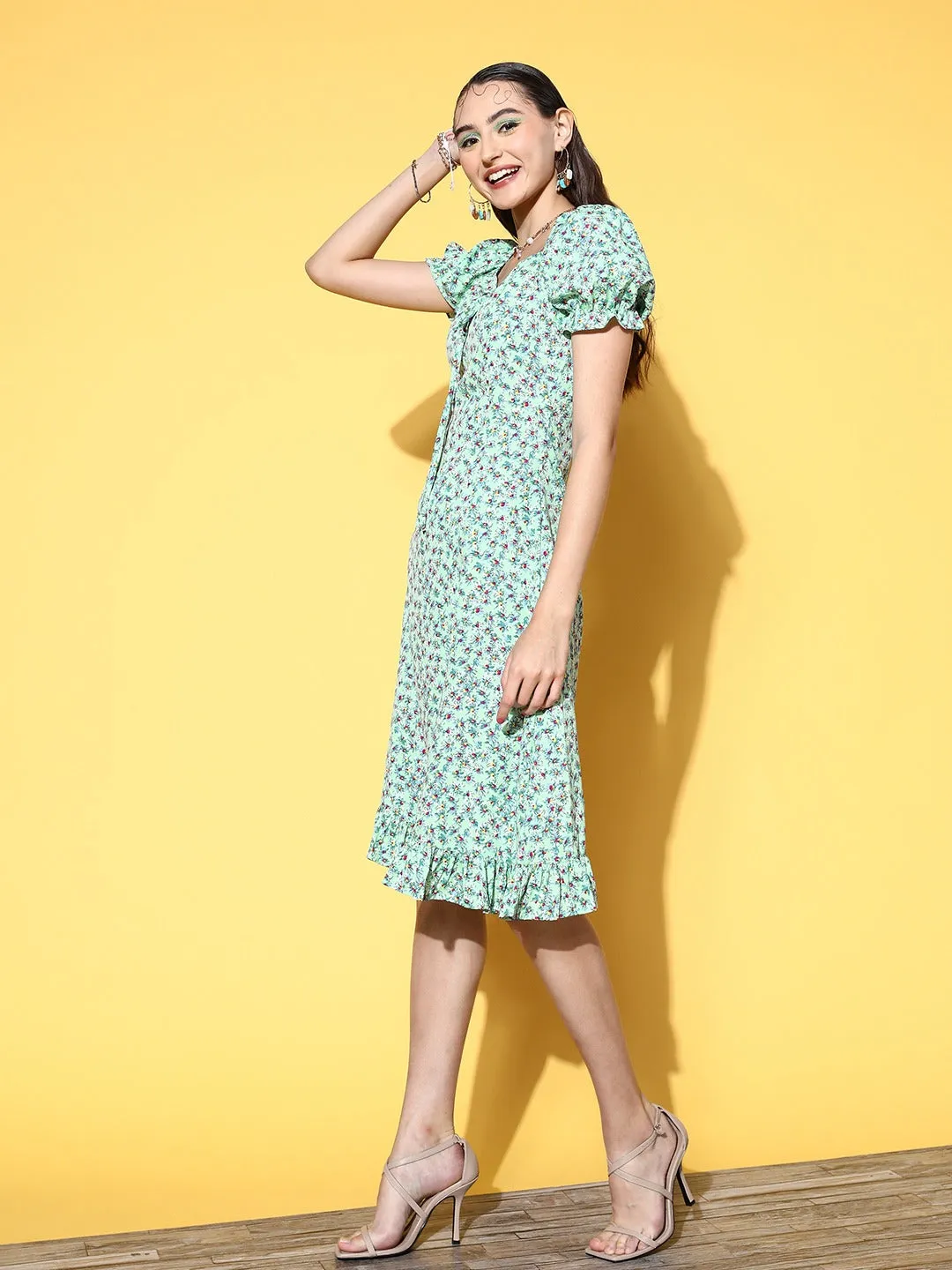 Berrylush Women Sea Green & Blue Floral Printed Sweetheart Neck Crepe Ruffled A-Line Midi Dress