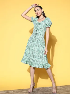 Berrylush Women Sea Green & Blue Floral Printed Sweetheart Neck Crepe Ruffled A-Line Midi Dress