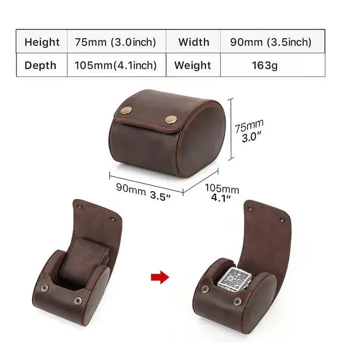 Genuine Leather Ellipse Watch Roll Travel Case For 1 Watches