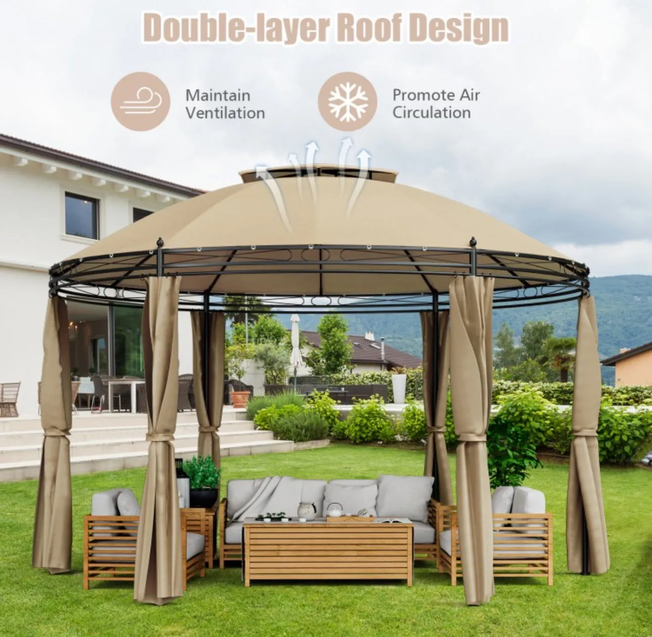 Heavy Duty Elegant 11.5 FT Outdoor Patio Round Dome Gazebo Canopy Shelter With Double Roof | Steel | Premium Polyester | Water Resistant