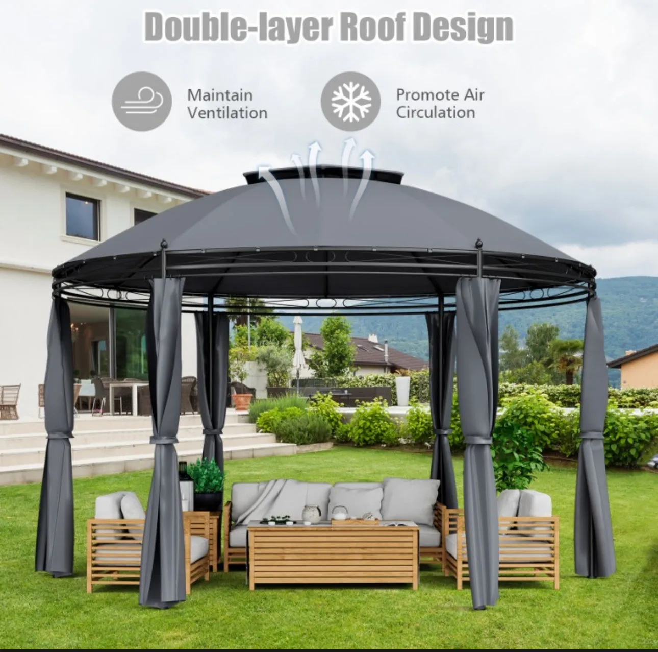 Heavy Duty Elegant 11.5 FT Outdoor Patio Round Dome Gazebo Canopy Shelter With Double Roof | Steel | Premium Polyester | Water Resistant