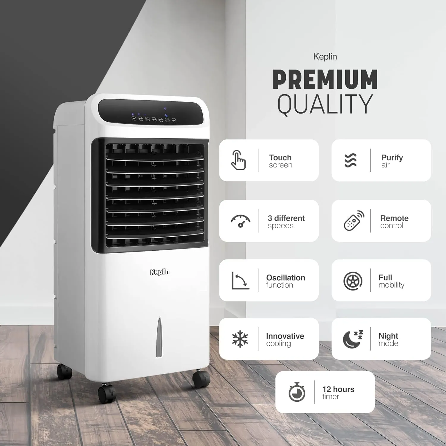 KEPLIN 80W 4-in-1 Portable Air Cooler, Humidifier, Air Purifier & Ionizer – LED Screen, Remote Control, Oscillation, Night Mode, 3 Fan Speeds, 12-Hour Timer, 10L Tank Capacity