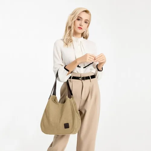 Kono Canvas Shoulder Tote Bag - Khaki | Trendy & Practical