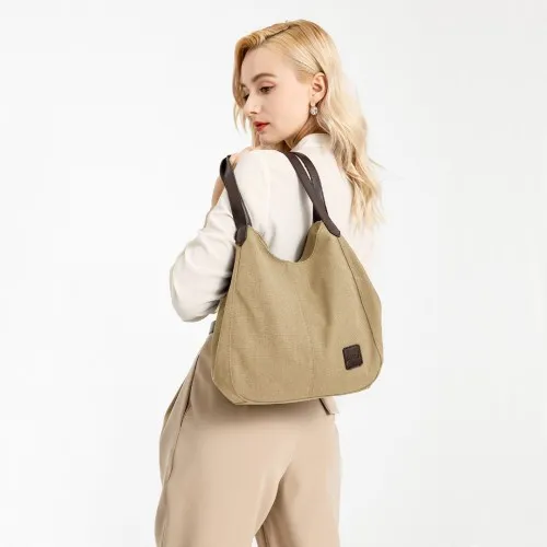 Kono Canvas Shoulder Tote Bag - Khaki | Trendy & Practical