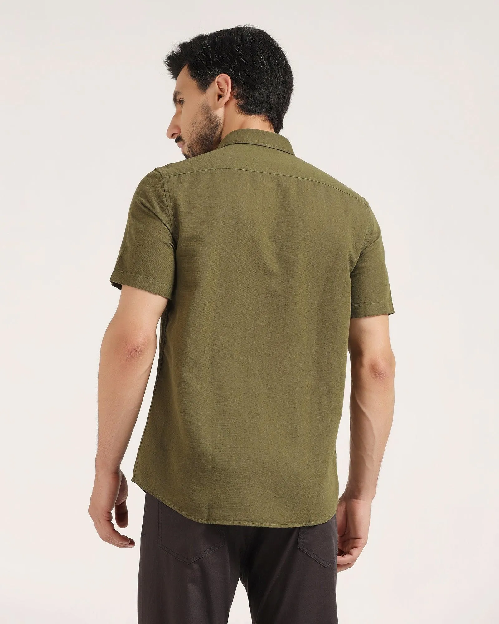 Linen Formal Half Sleeve Olive Solid Shirt - Lang