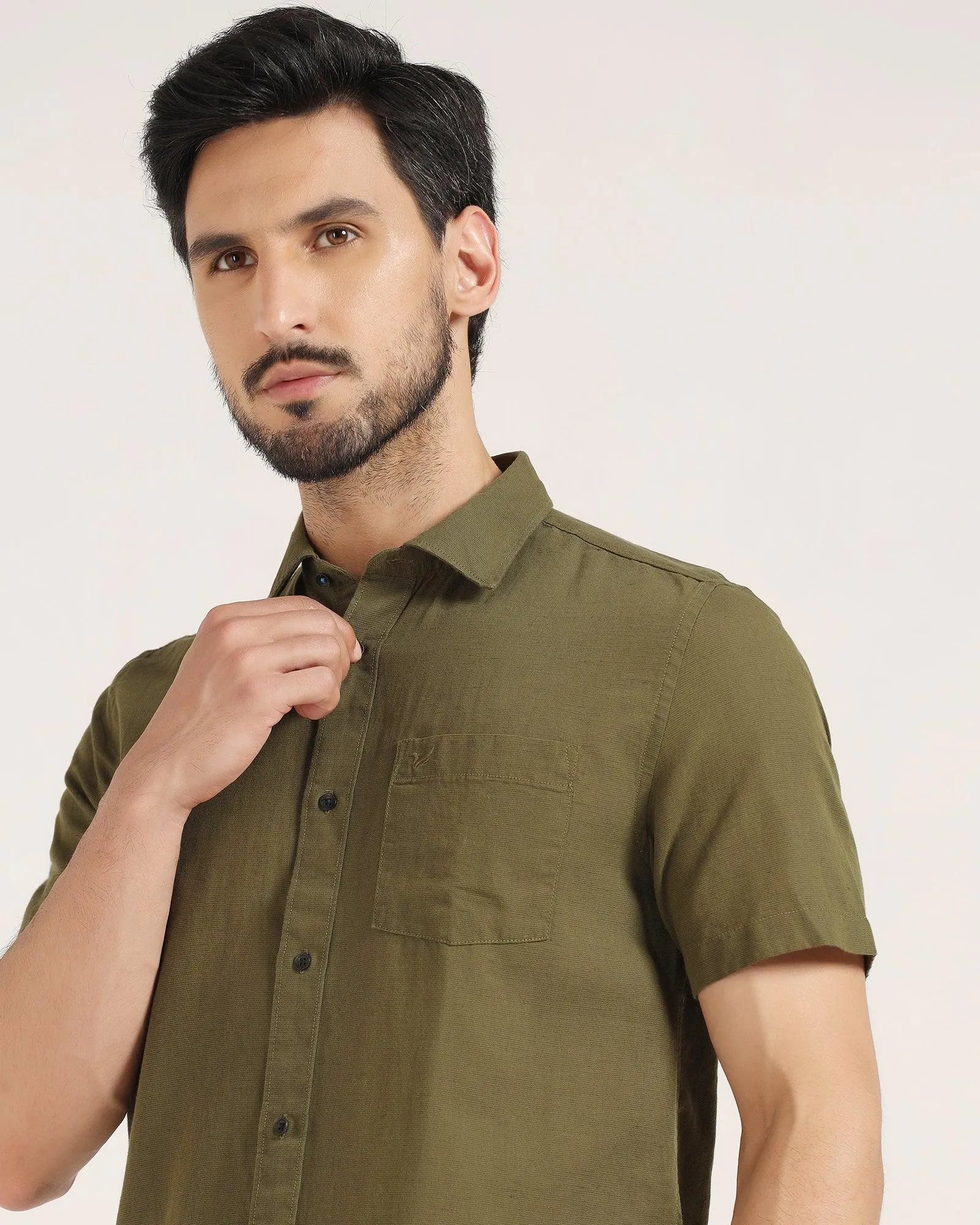 Linen Formal Half Sleeve Olive Solid Shirt - Lang