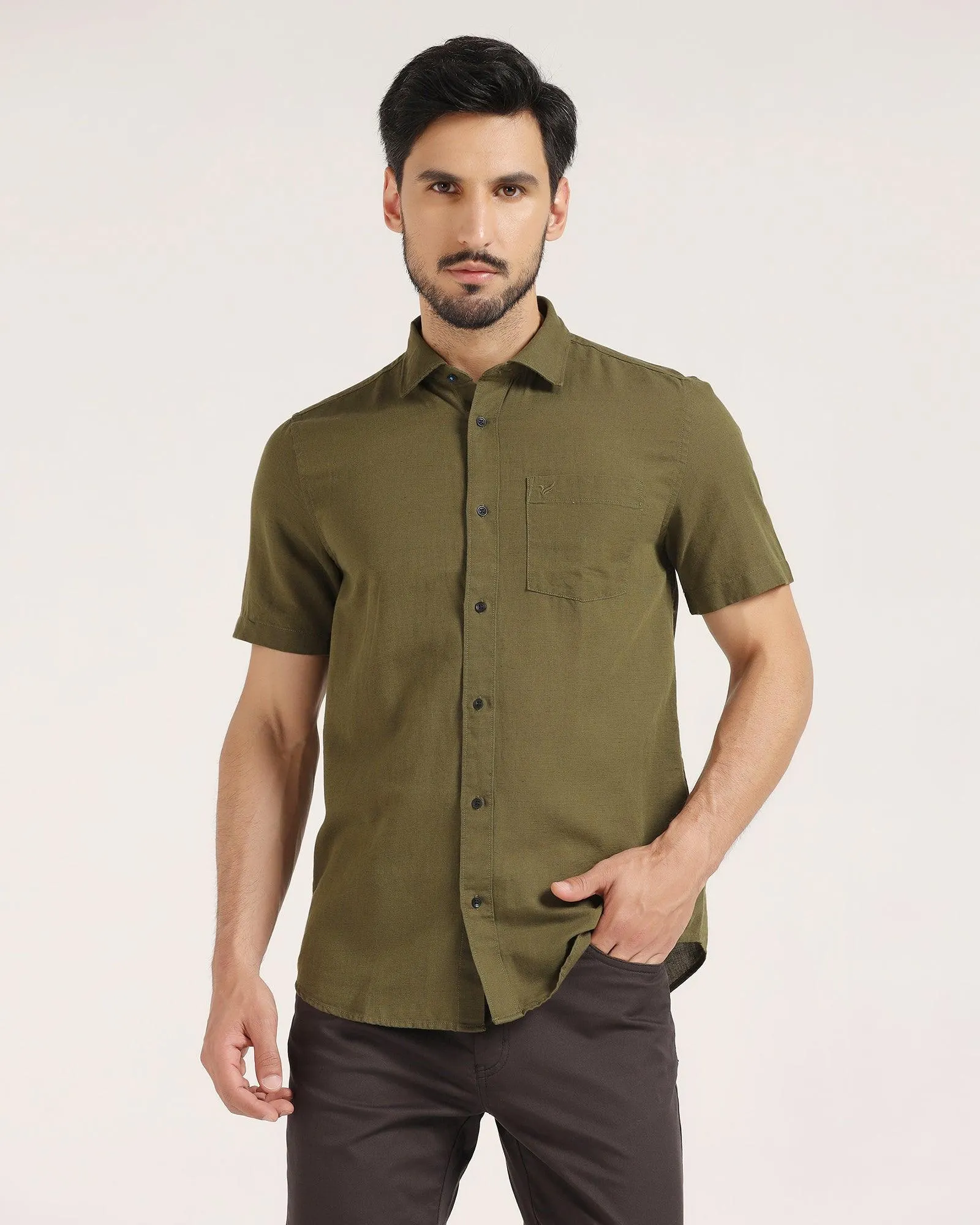 Linen Formal Half Sleeve Olive Solid Shirt - Lang