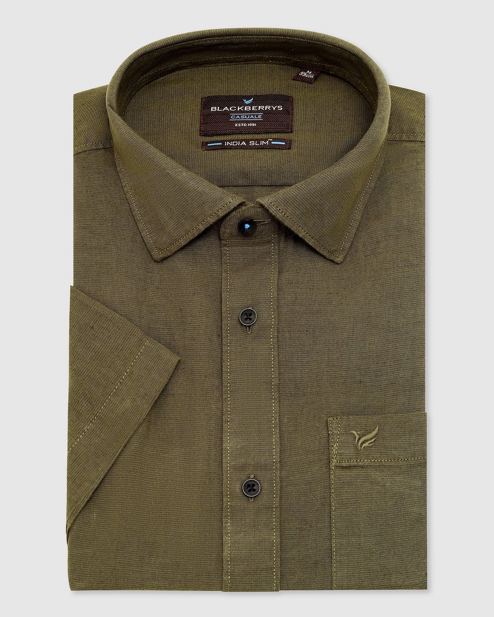 Linen Formal Half Sleeve Olive Solid Shirt - Lang