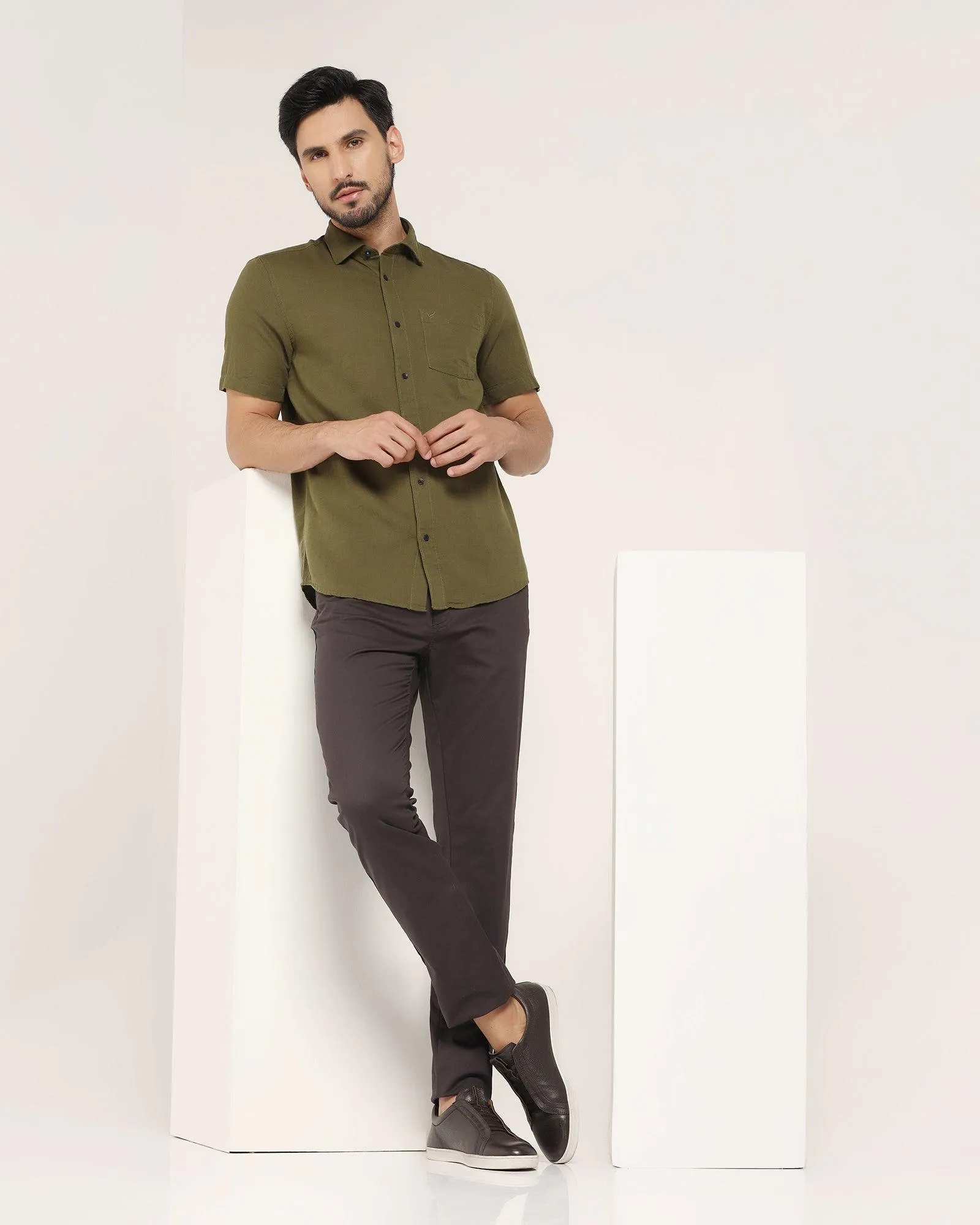 Linen Formal Half Sleeve Olive Solid Shirt - Lang