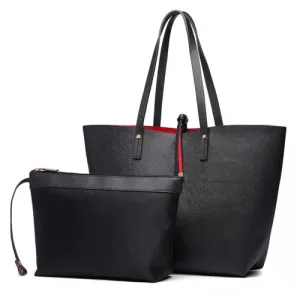 Miss Lulu Women's Reversible Shopper Tote Bag - Black, 2-in-1 Large Tote with Removable Pouch, Premium PU Leather