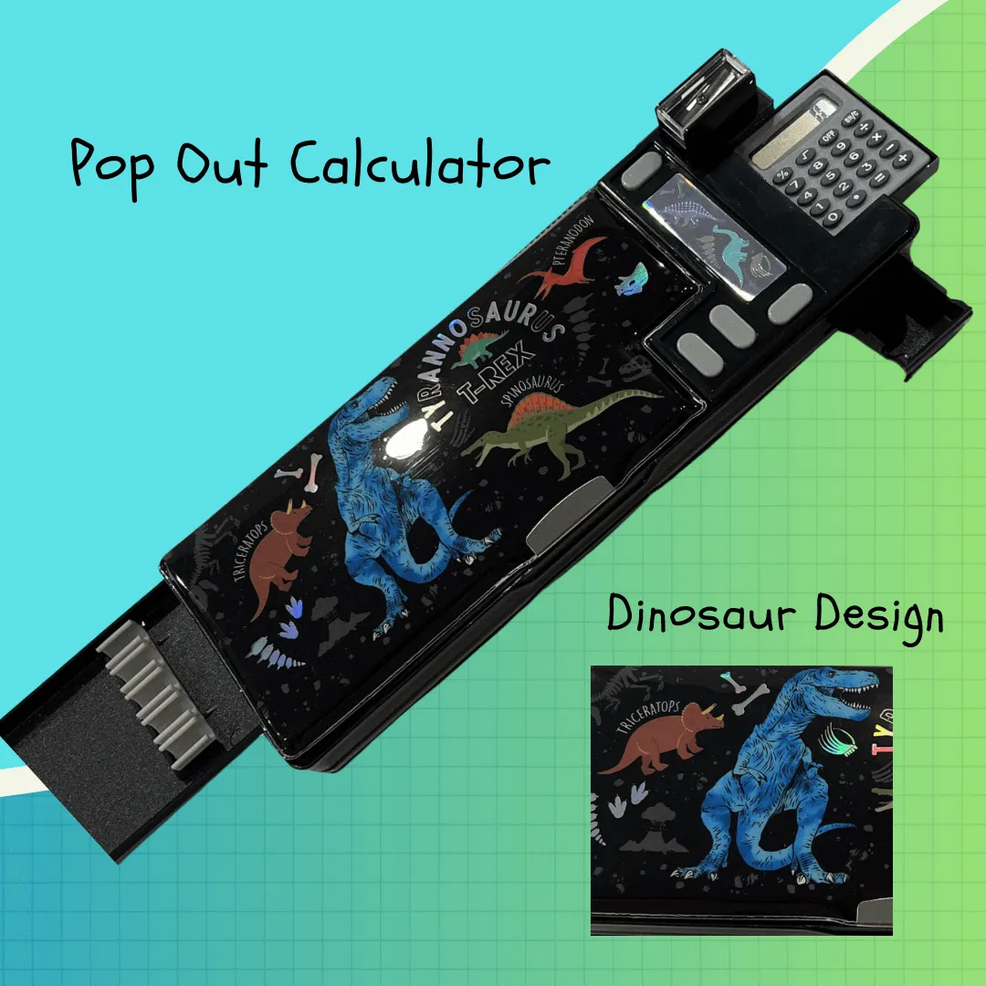 Multi-Function Pencil Case - Pop Out Calculator & Pencil Sharpener (Dinosaur, Black)