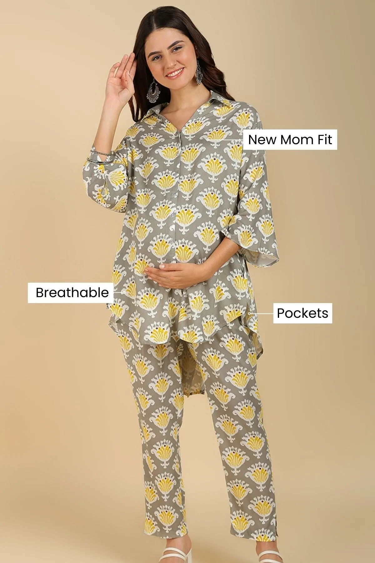 Multicolor Printed Maternity Co-ord Set with Zipless Feeding