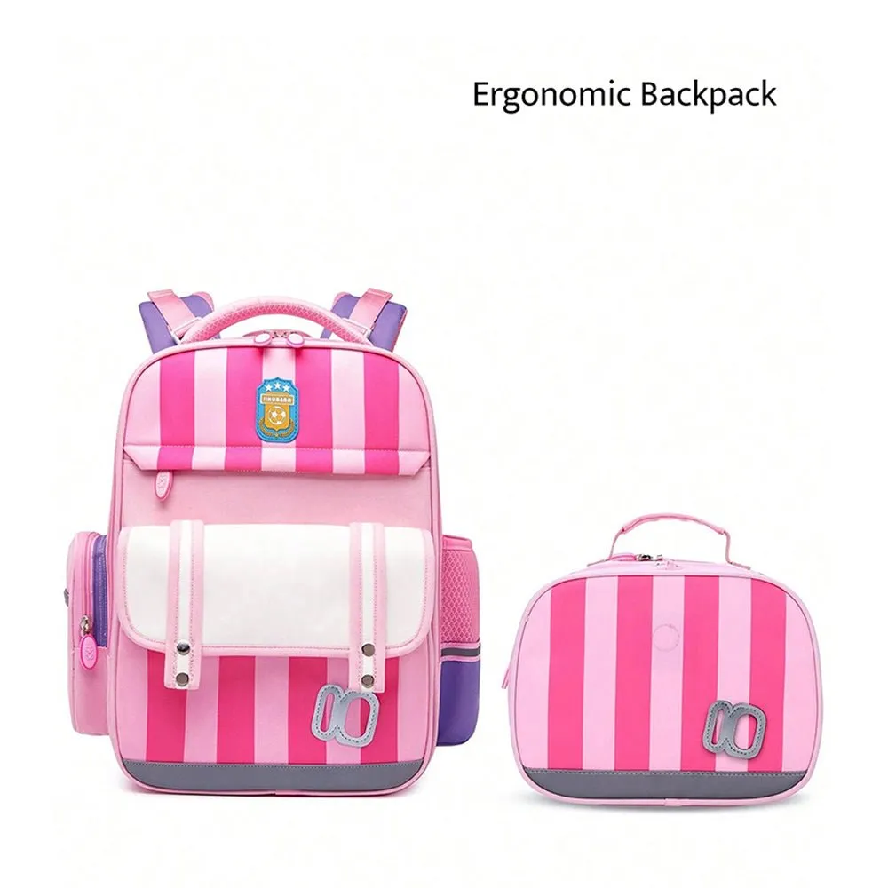 Pink Bold Stripes Insulated Lunchbag & Ergonomic School Backpack for Kids