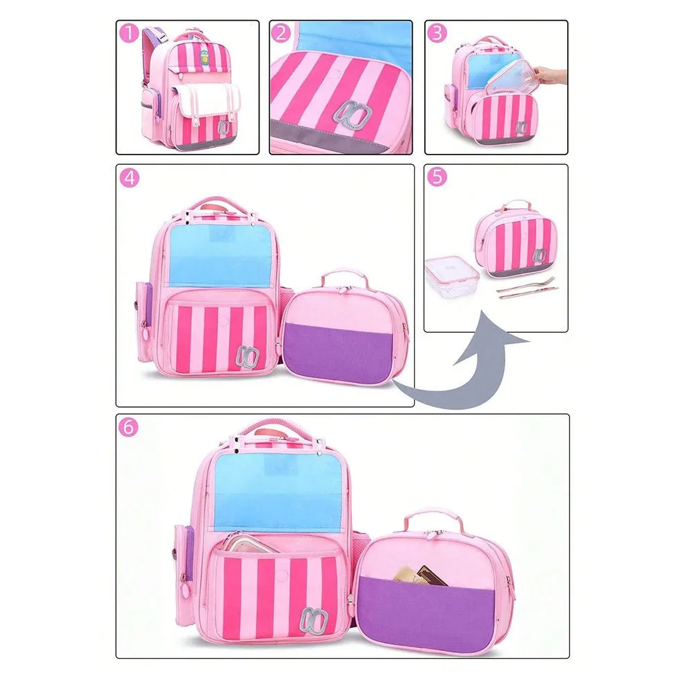 Pink Bold Stripes Insulated Lunchbag & Ergonomic School Backpack for Kids