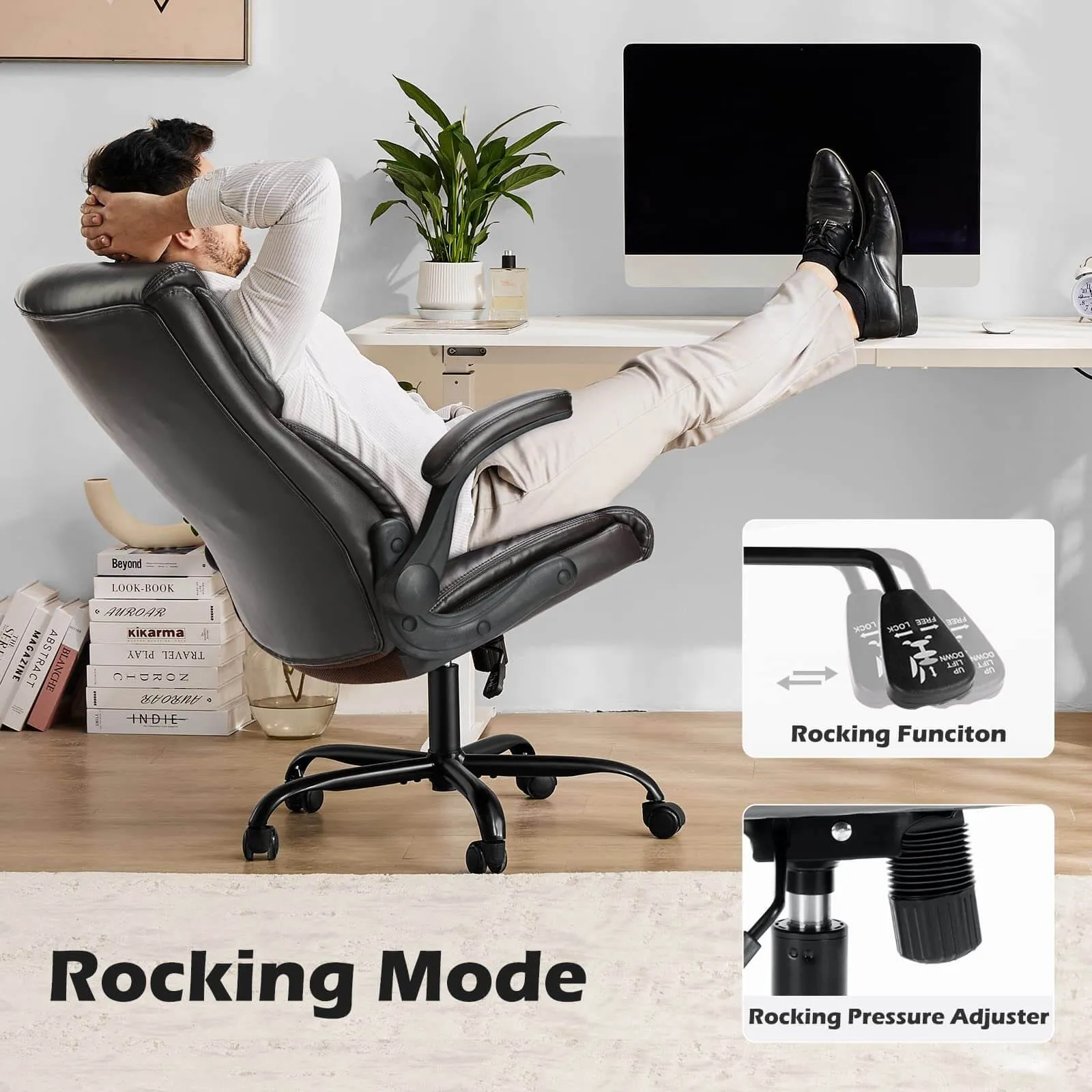 PU Leather Office Chair with Adjustable Flip-up Armrest,Lumbar Support, Strong Metal Base