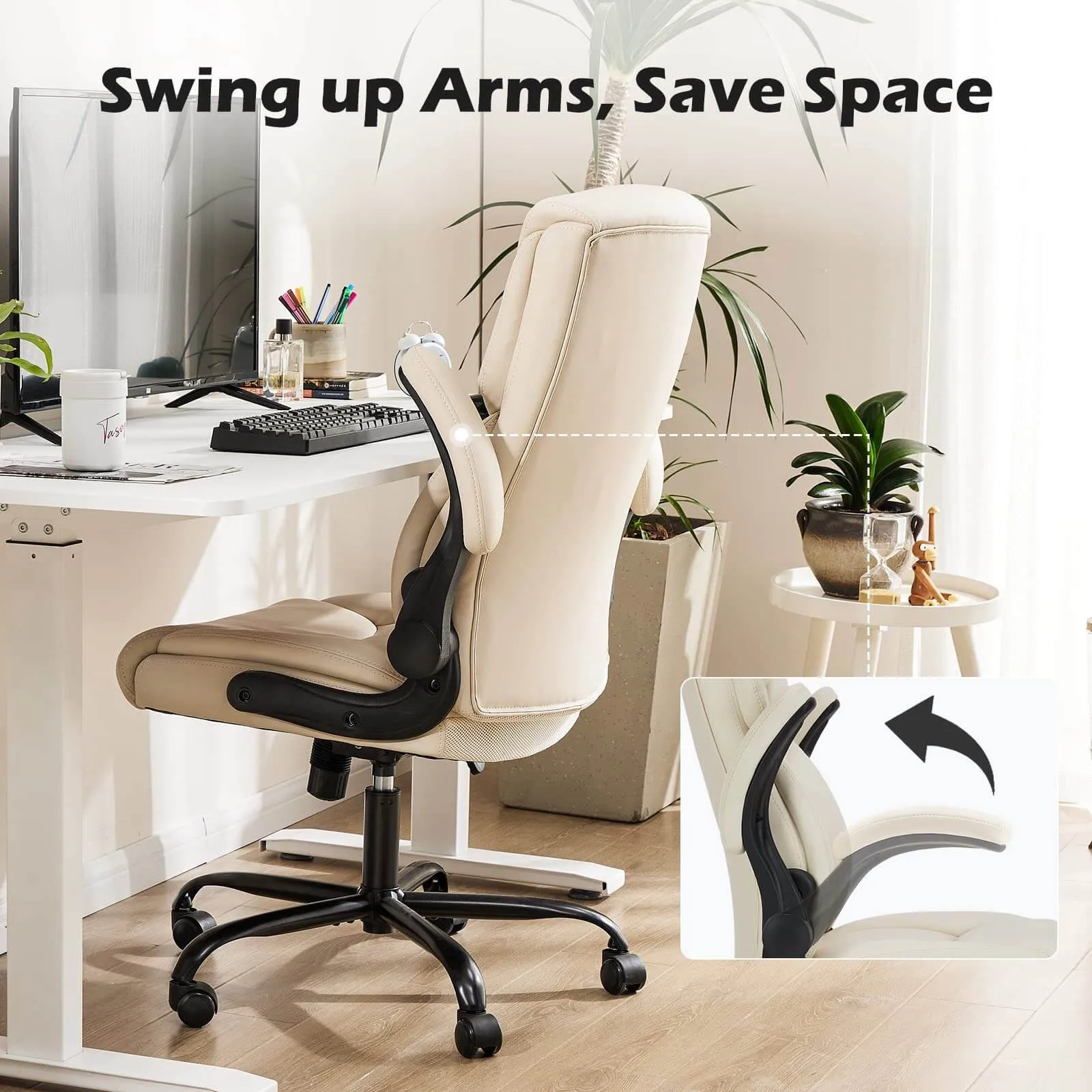 PU Leather Office Chair with Adjustable Flip-up Armrest,Lumbar Support, Strong Metal Base