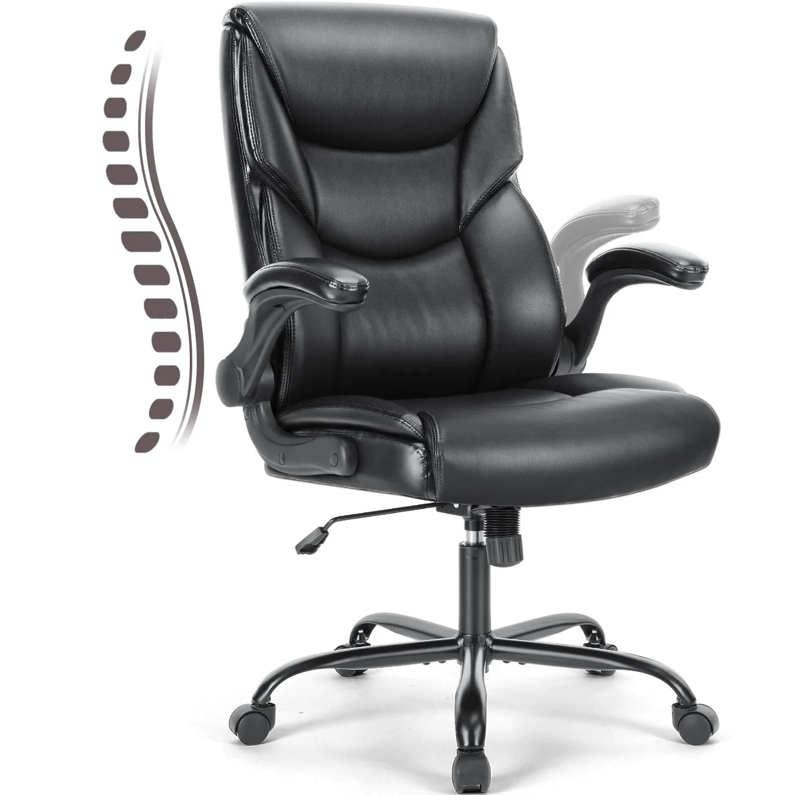 PU Leather Office Chair with Adjustable Flip-up Armrest,Lumbar Support, Strong Metal Base