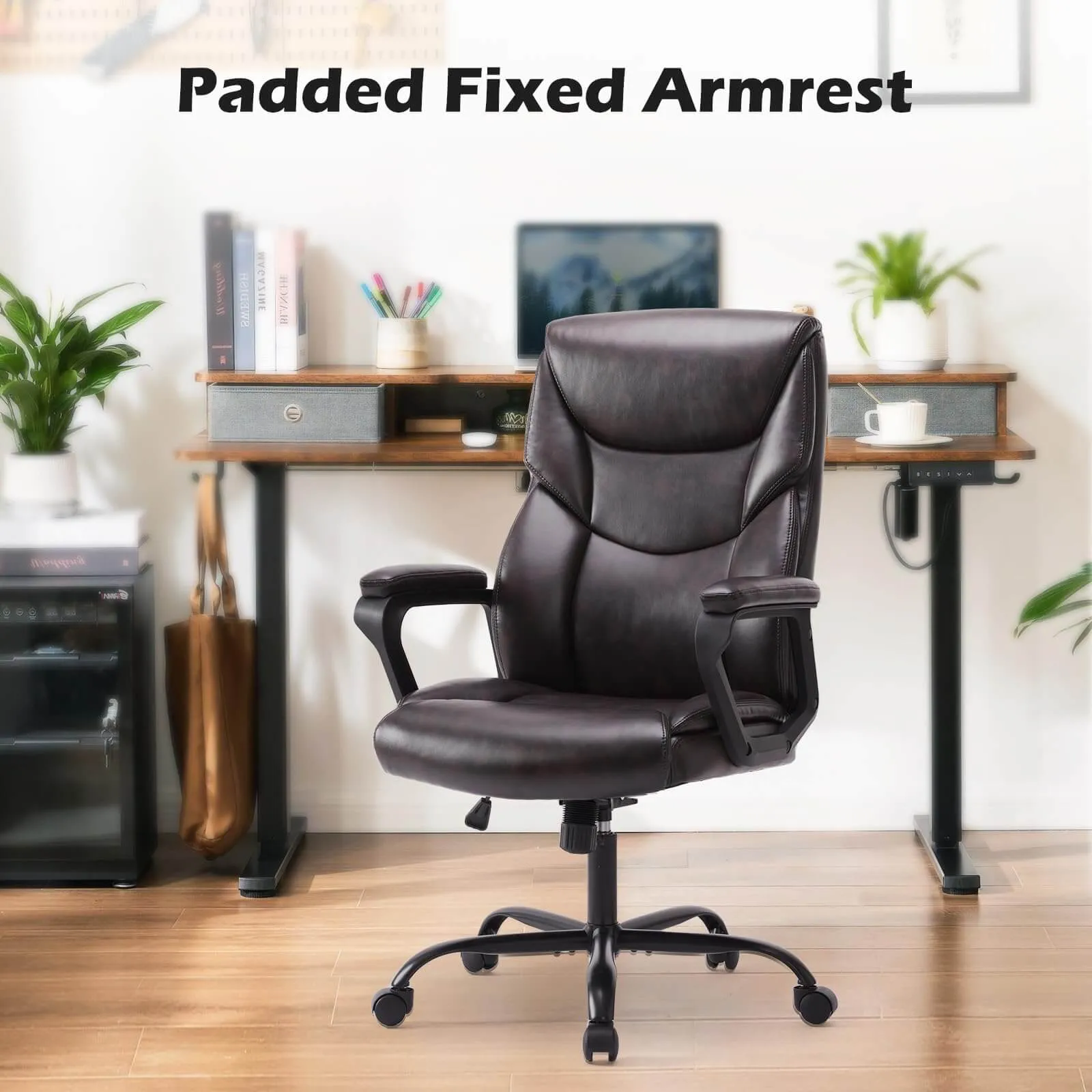 PU Leather Office Chair with Adjustable Flip-up Armrest,Lumbar Support, Strong Metal Base