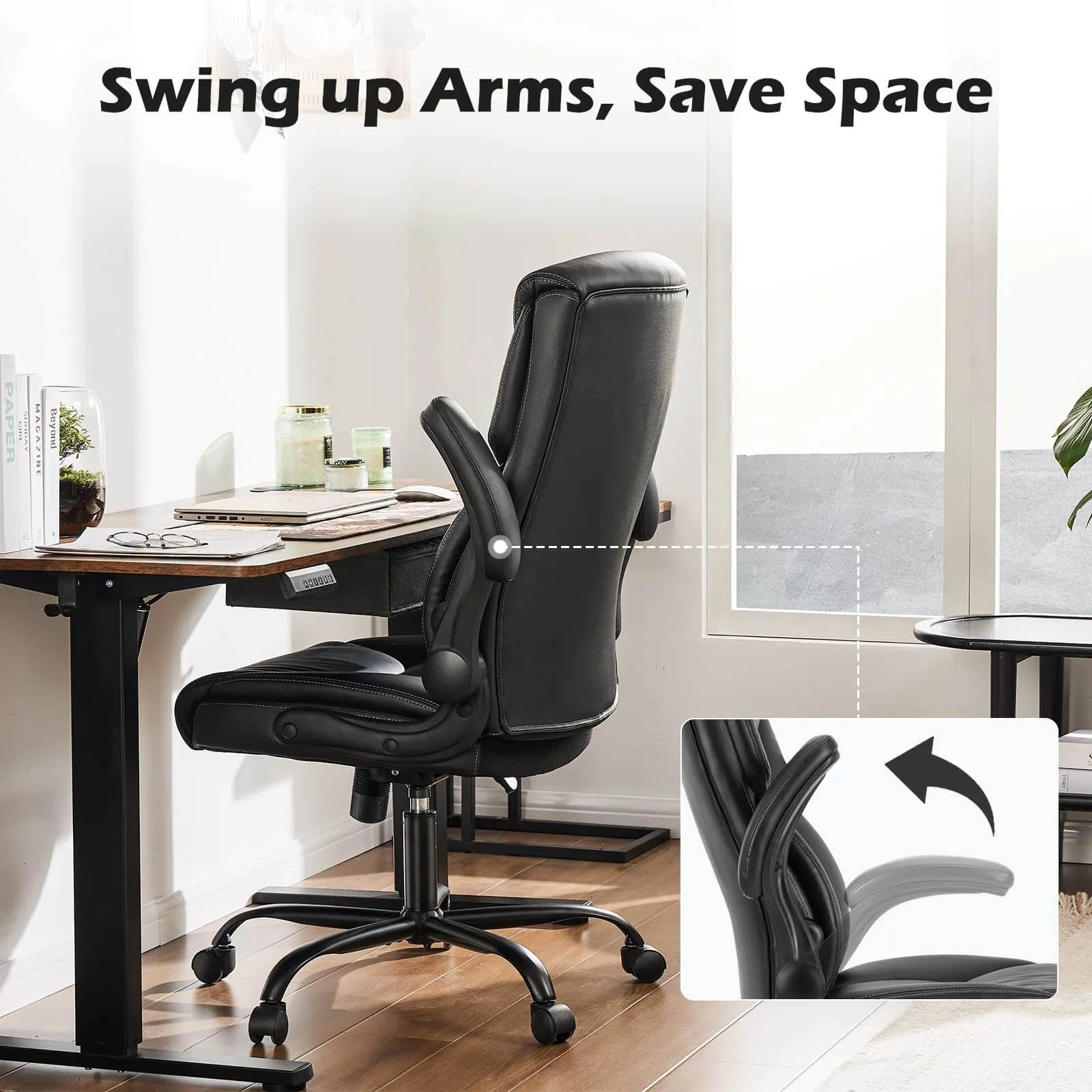 PU Leather Office Chair with Adjustable Flip-up Armrest,Lumbar Support, Strong Metal Base