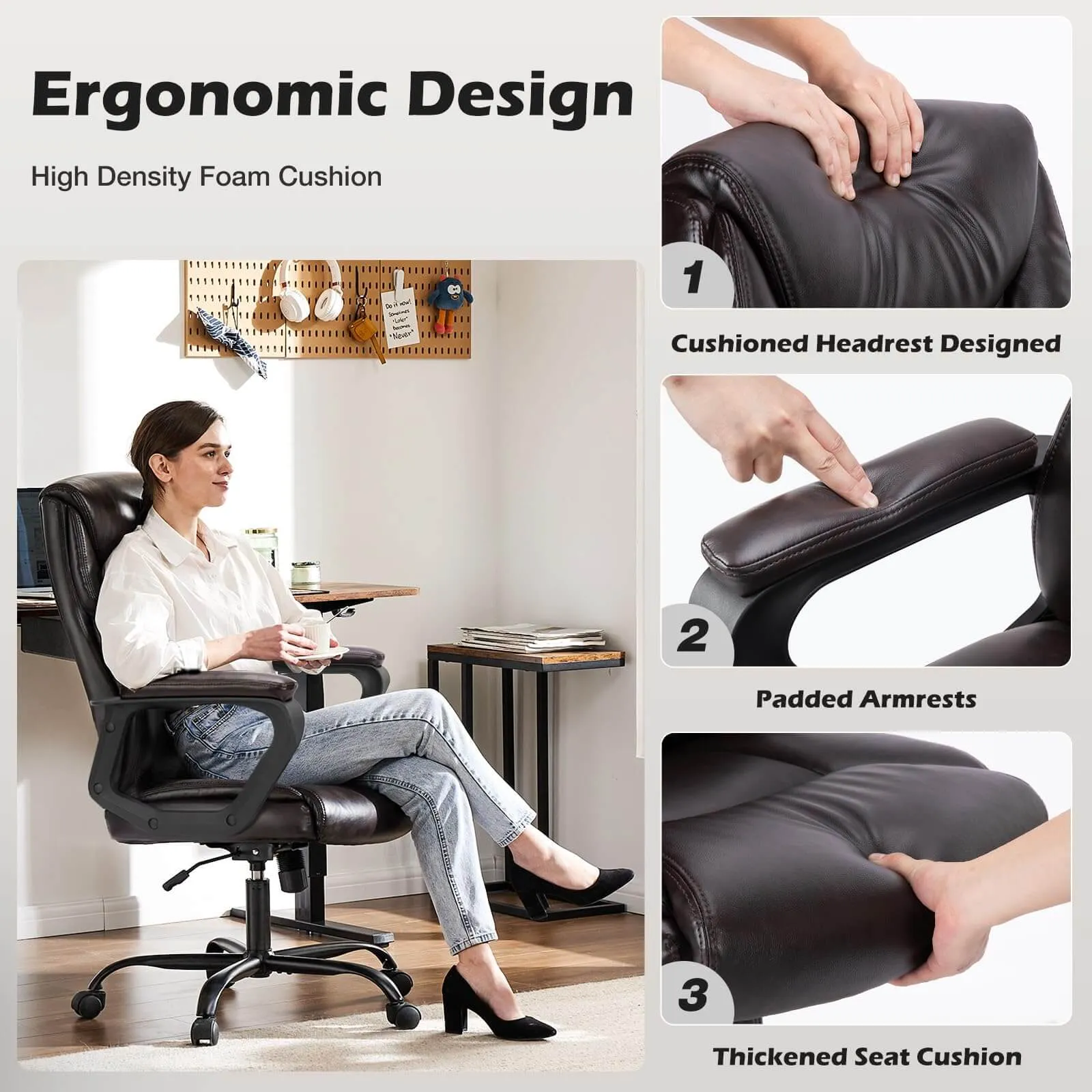 PU Leather Office Chair with Adjustable Flip-up Armrest,Lumbar Support, Strong Metal Base