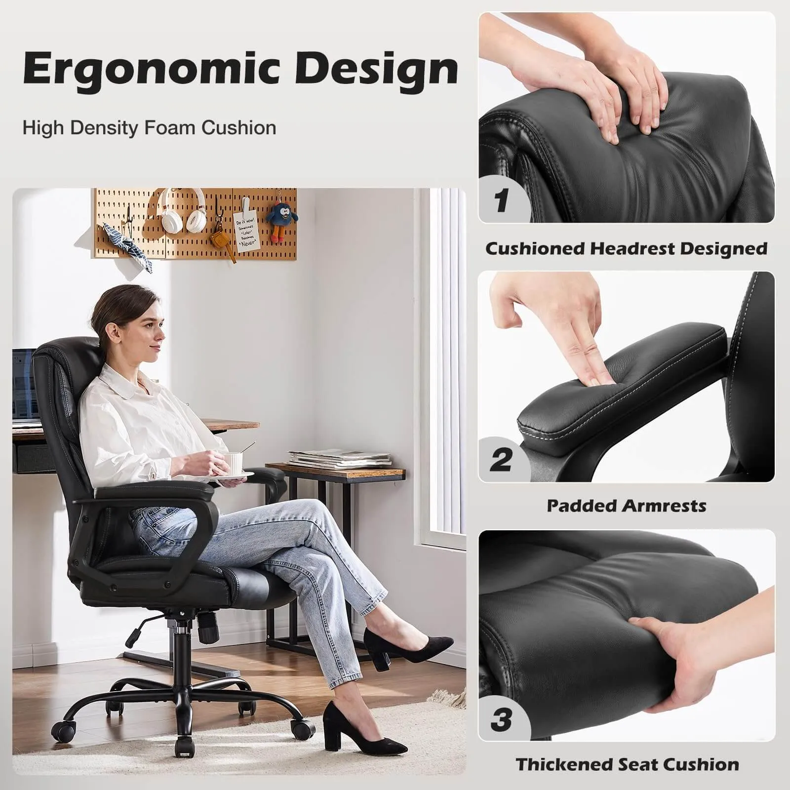 PU Leather Office Chair with Adjustable Flip-up Armrest,Lumbar Support, Strong Metal Base