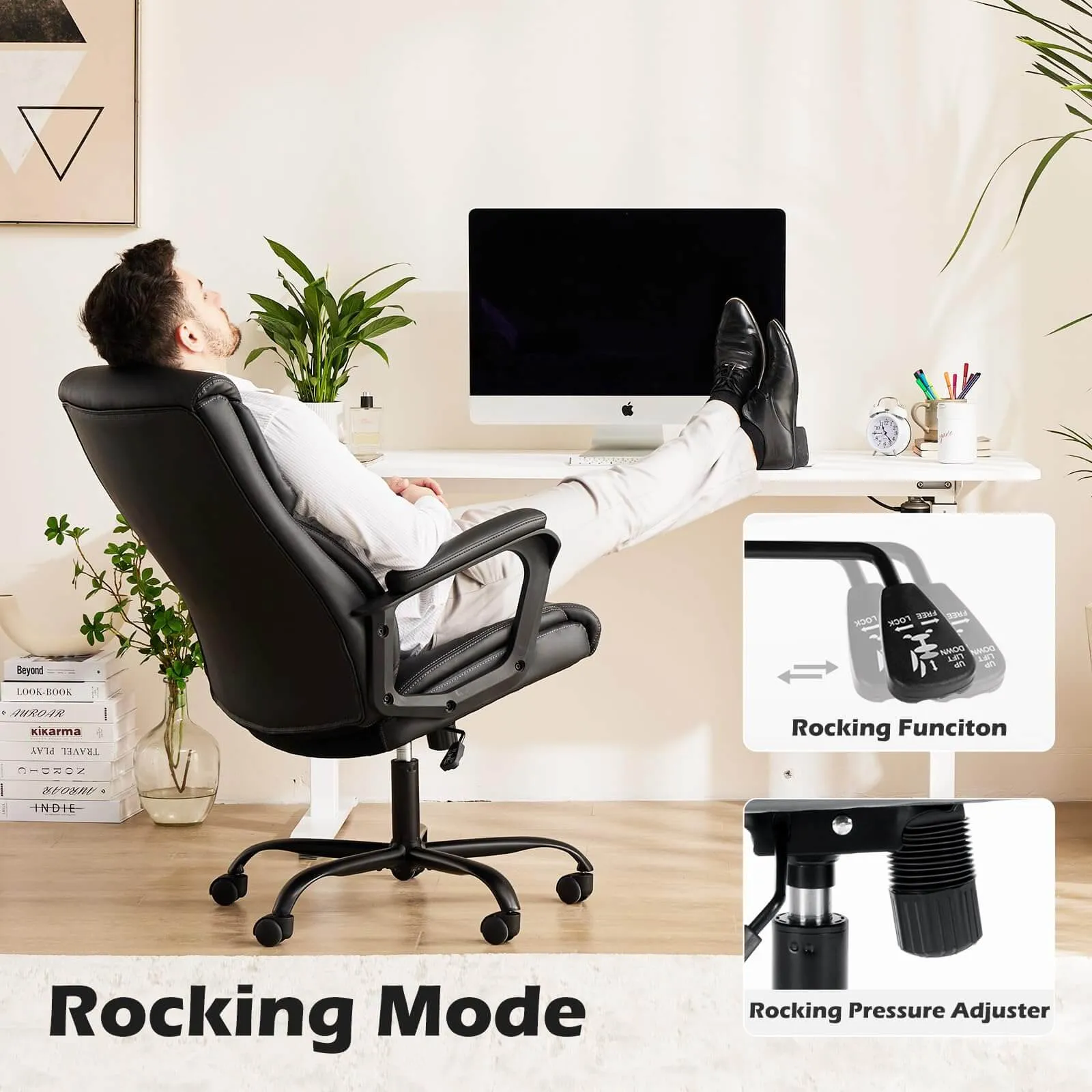 PU Leather Office Chair with Adjustable Flip-up Armrest,Lumbar Support, Strong Metal Base