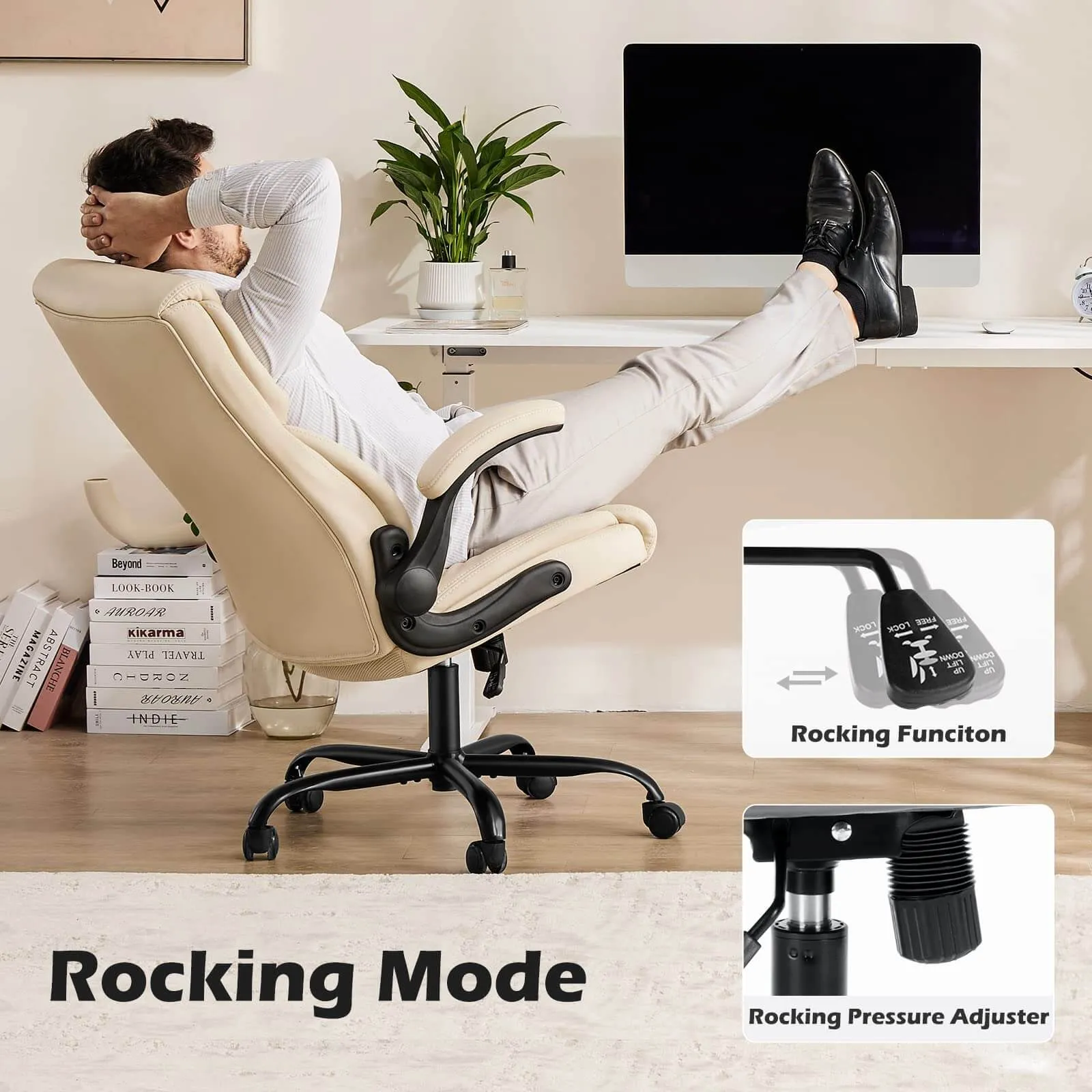 PU Leather Office Chair with Adjustable Flip-up Armrest,Lumbar Support, Strong Metal Base