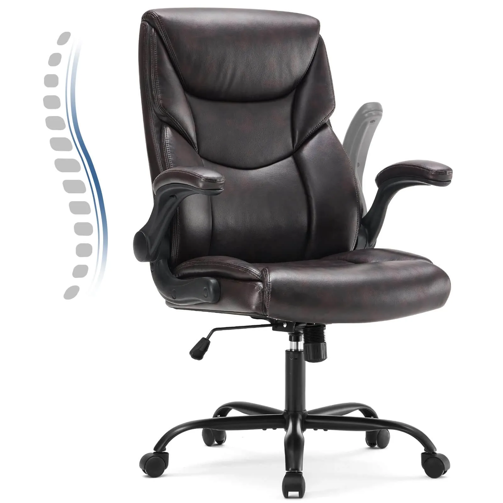 PU Leather Office Chair with Adjustable Flip-up Armrest,Lumbar Support, Strong Metal Base