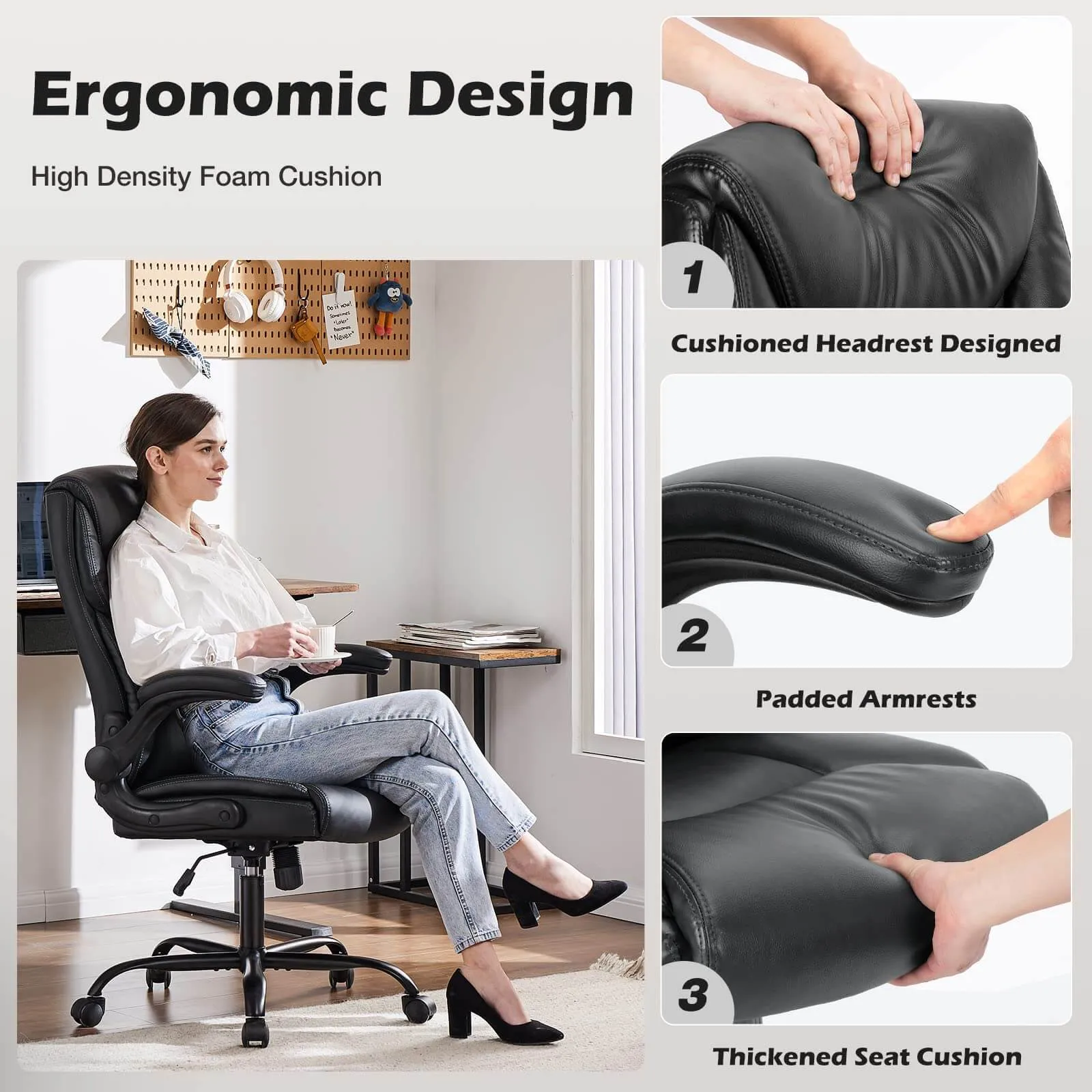 PU Leather Office Chair with Adjustable Flip-up Armrest,Lumbar Support, Strong Metal Base