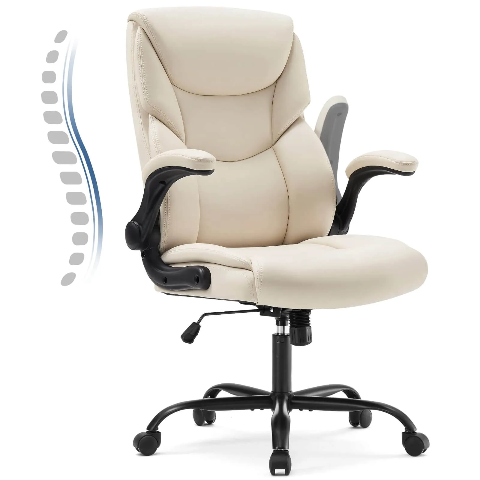 PU Leather Office Chair with Adjustable Flip-up Armrest,Lumbar Support, Strong Metal Base