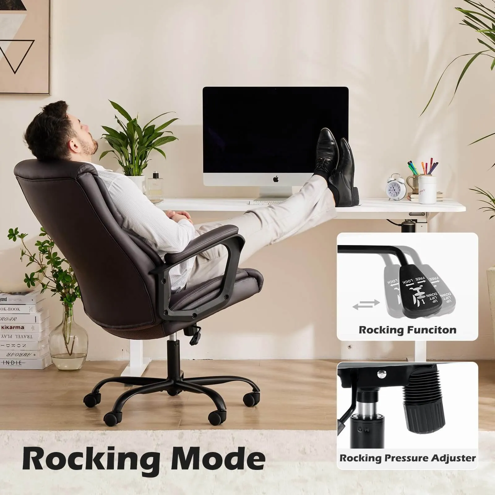 PU Leather Office Chair with Adjustable Flip-up Armrest,Lumbar Support, Strong Metal Base