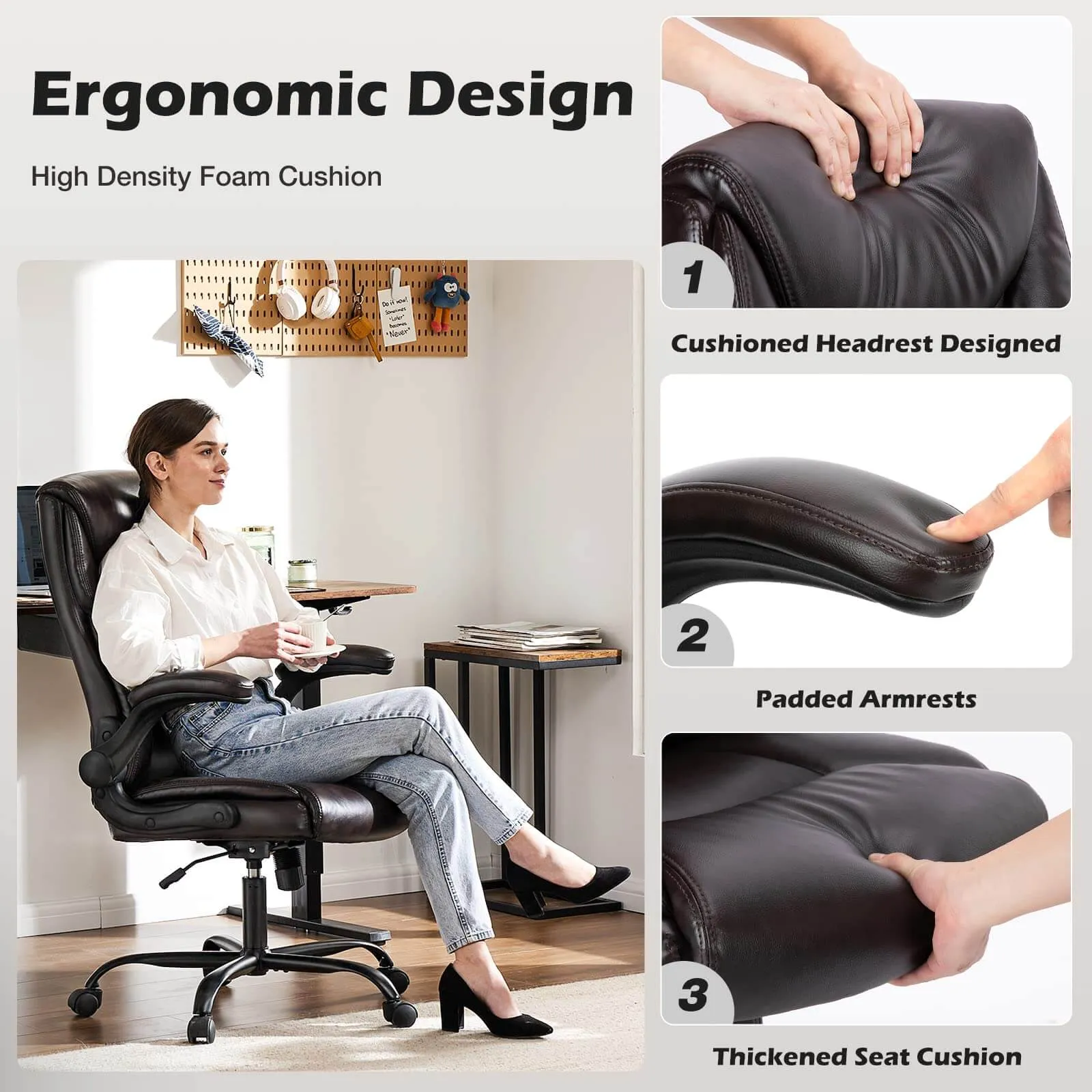 PU Leather Office Chair with Adjustable Flip-up Armrest,Lumbar Support, Strong Metal Base