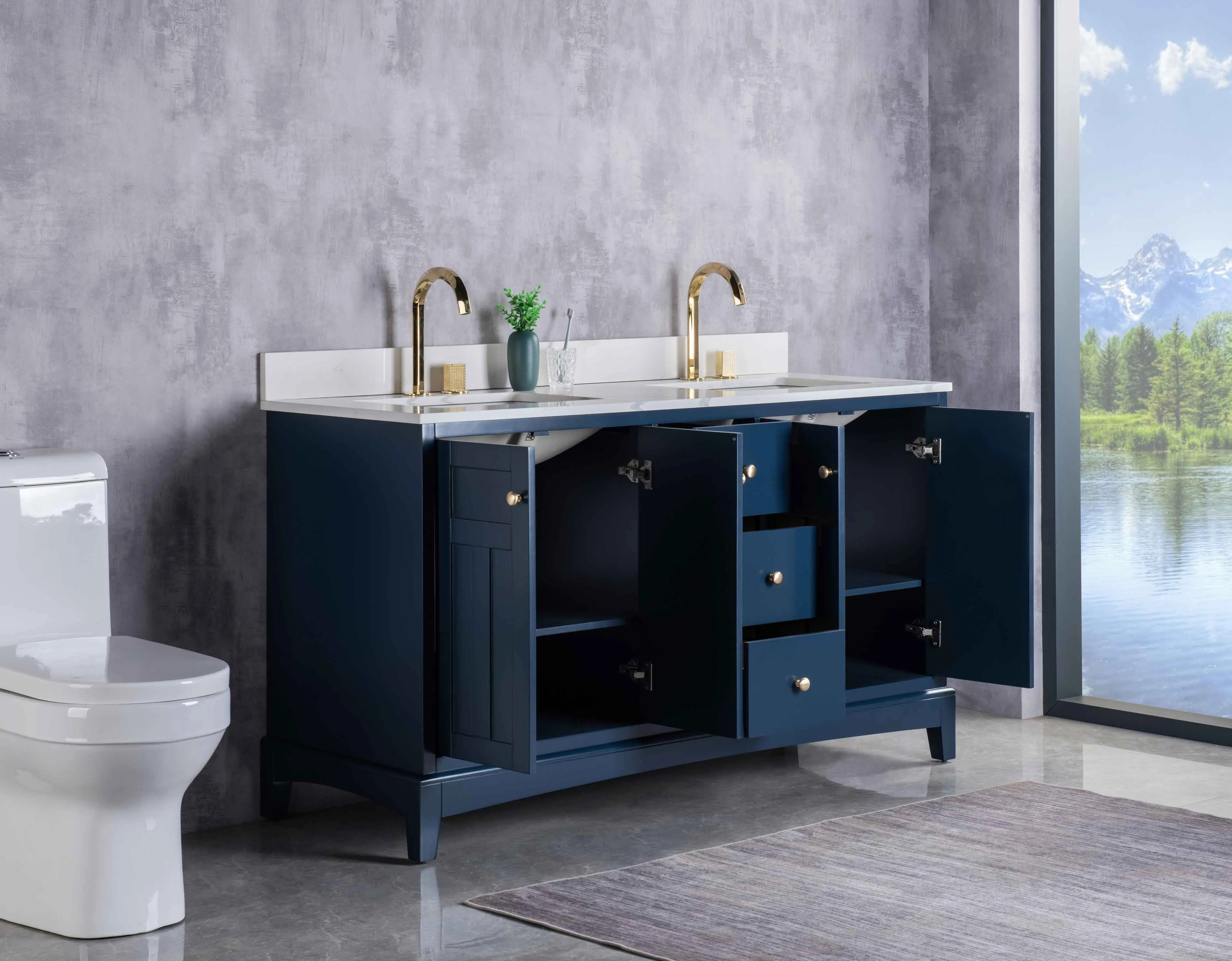 Rubeza 1500mm Pergamum Vanity Unit with Calacatta Quartz Top - Dark Blue & Gold