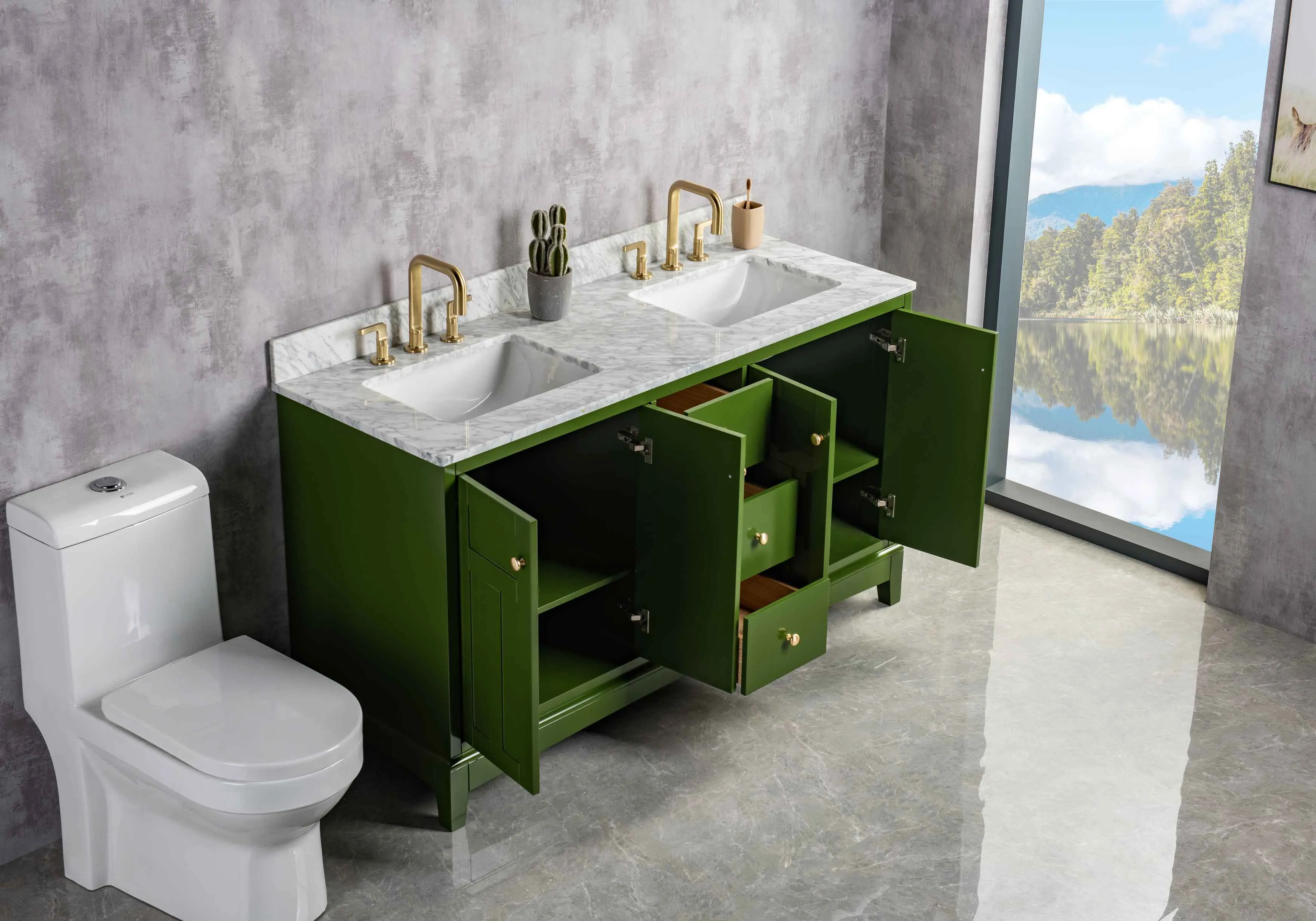 Rubeza 1500mm Pergamum Vanity Unit with Carrara Marble Top - Grass Green & Gold