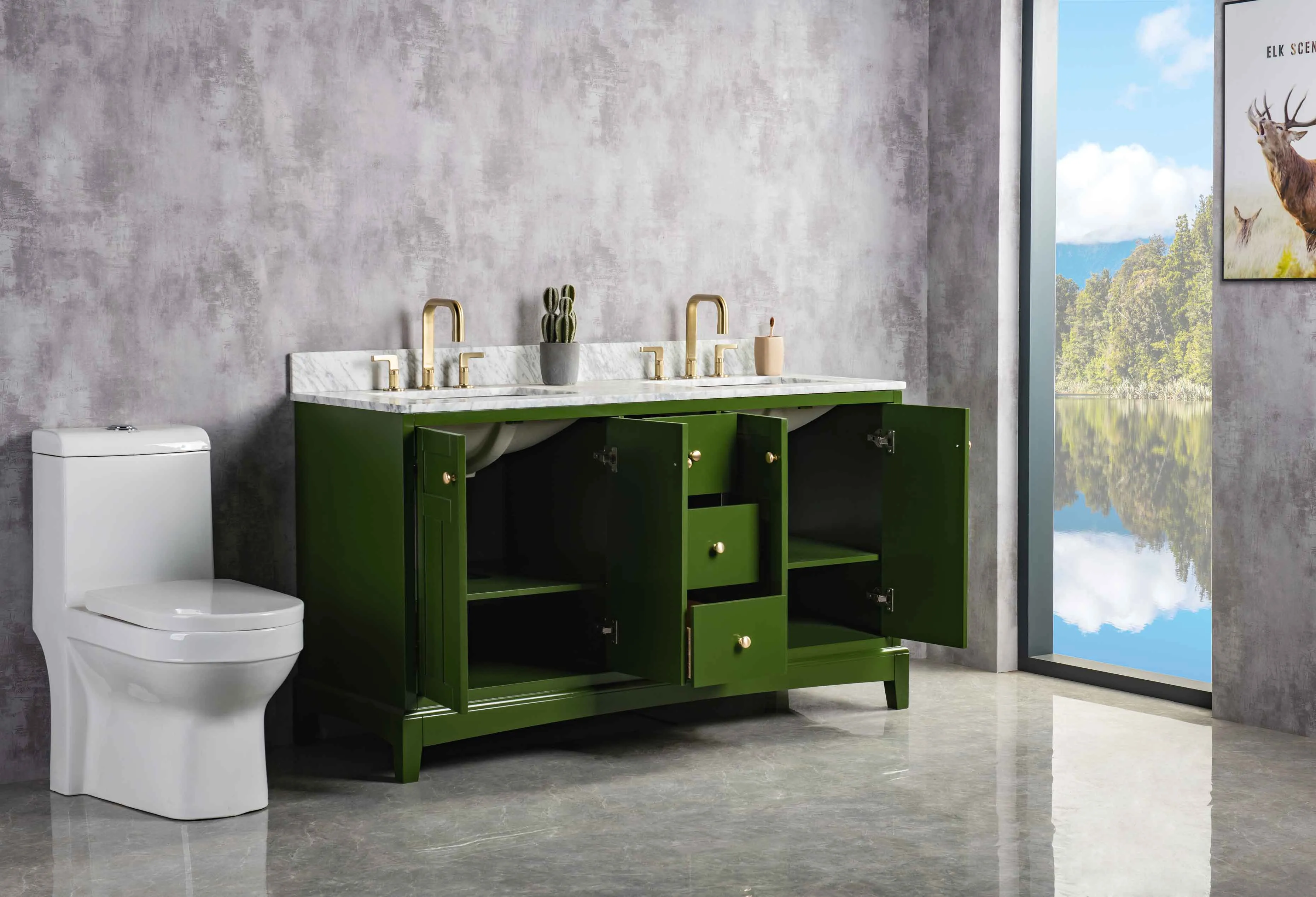 Rubeza 1500mm Pergamum Vanity Unit with Carrara Marble Top - Grass Green & Gold