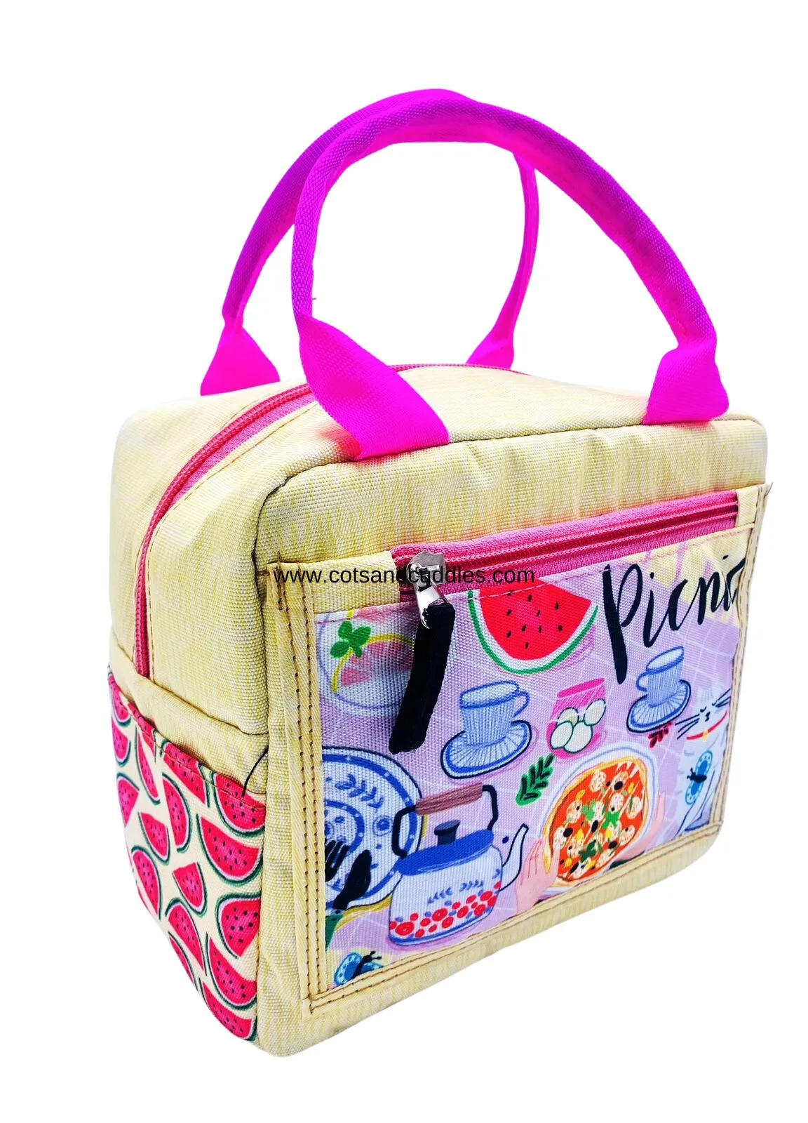 Stylish and Functional: Padded Printed Lunch Bag with Front Pocket and Side Pockets