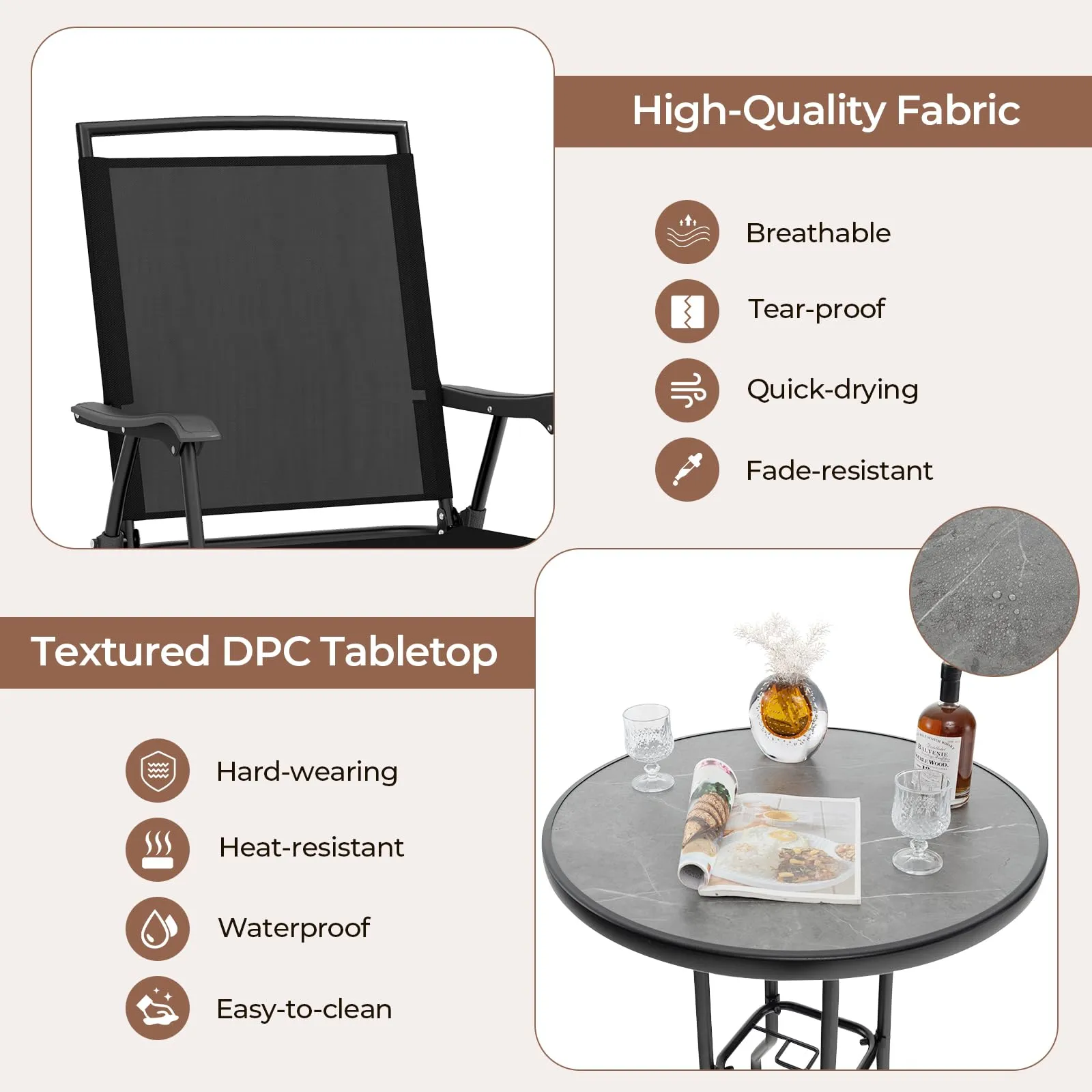 Tangkula 3-Piece Outdoor Bar Set, Counter Height Patio Bistro Furniture Set with DPC Tabletop & Umbrella Hole