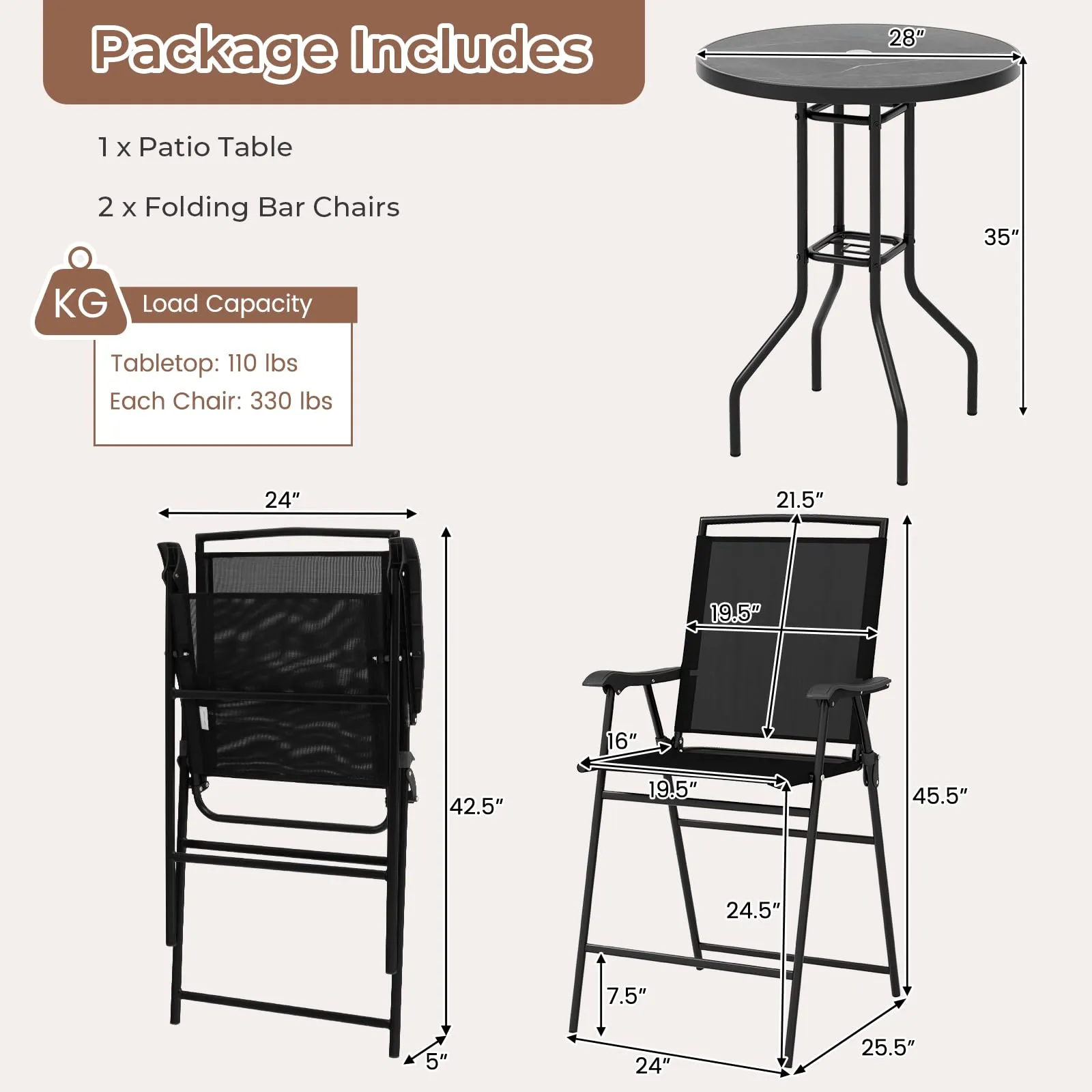 Tangkula 3-Piece Outdoor Bar Set, Counter Height Patio Bistro Furniture Set with DPC Tabletop & Umbrella Hole