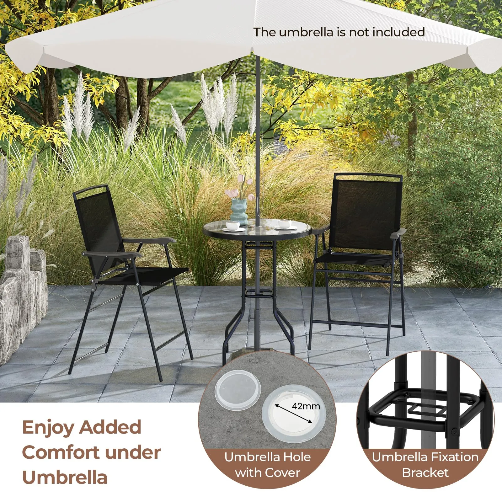 Tangkula 3-Piece Outdoor Bar Set, Counter Height Patio Bistro Furniture Set with DPC Tabletop & Umbrella Hole