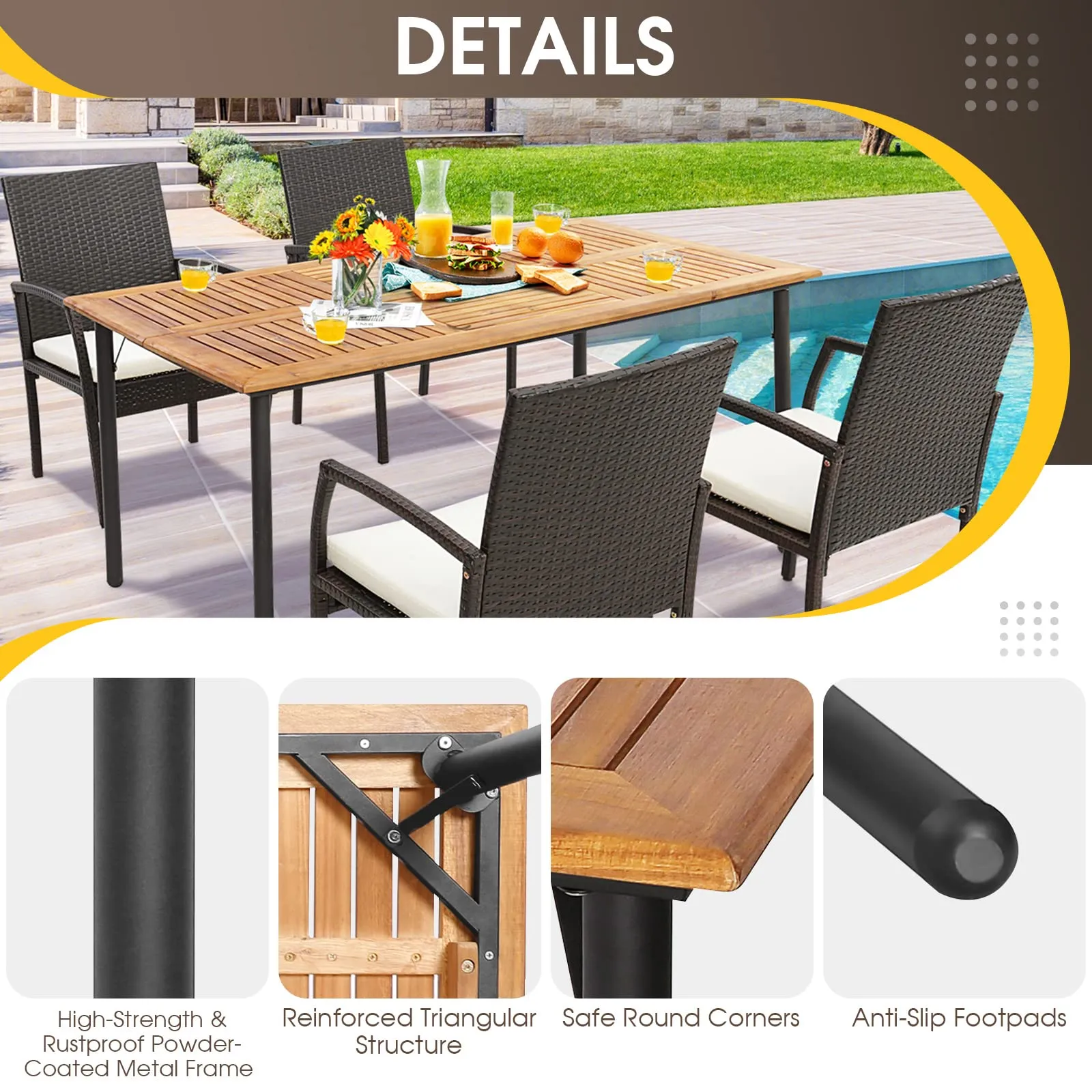 Tangkula Patio Acacia Wood Dining Table for 6 Persons, Large Rectangular Dining Table with Metal Legs