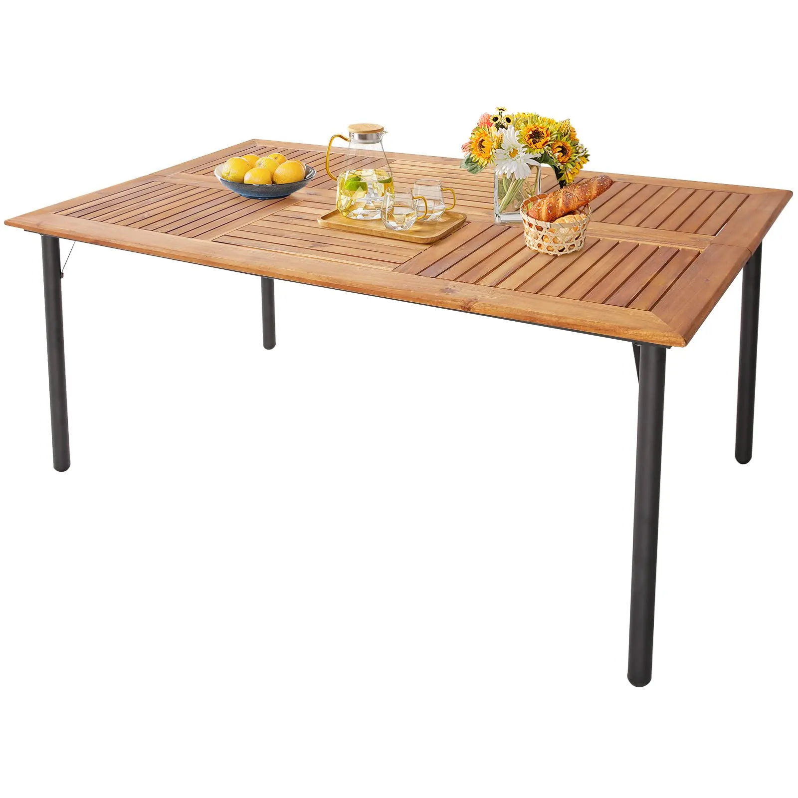 Tangkula Patio Acacia Wood Dining Table for 6 Persons, Large Rectangular Dining Table with Metal Legs