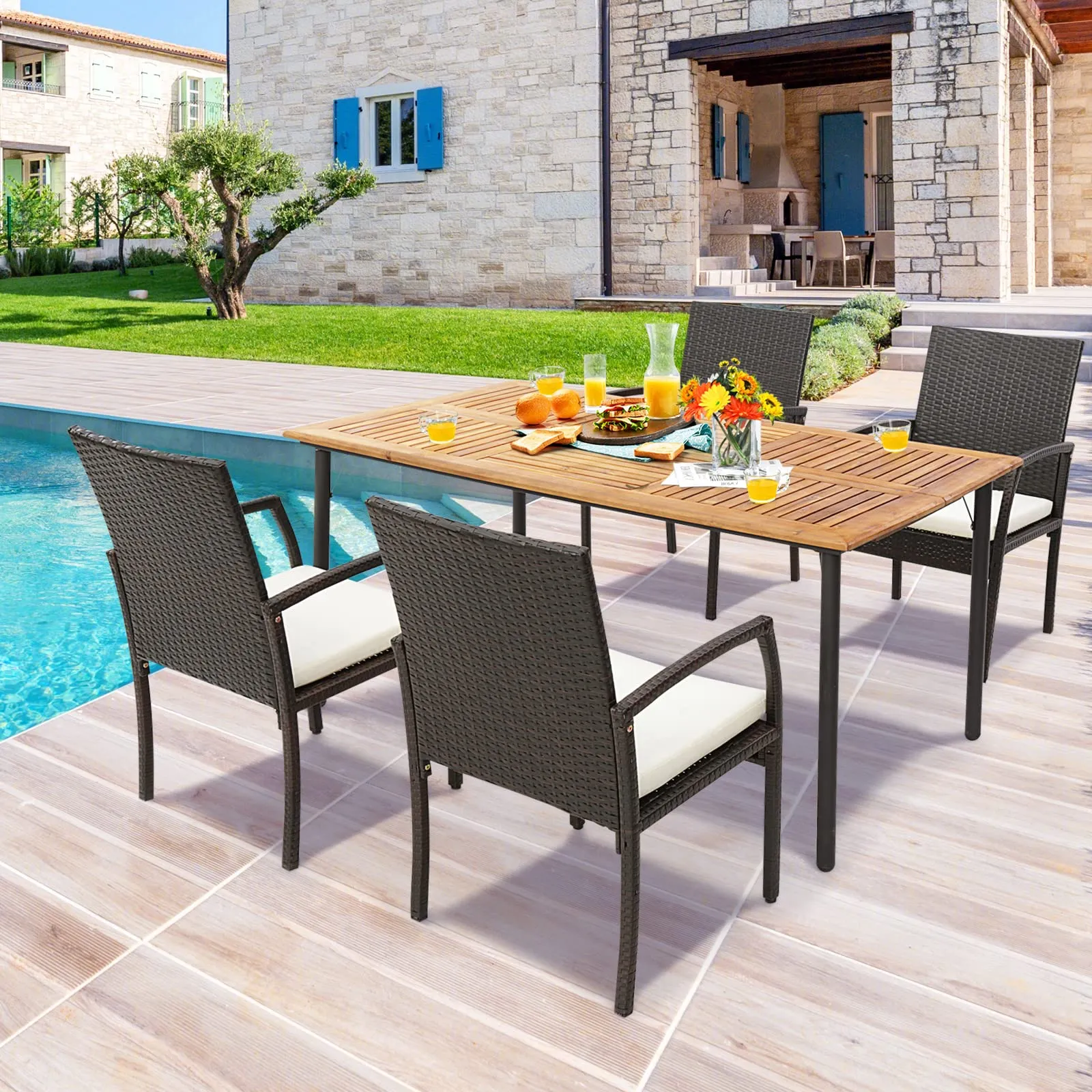 Tangkula Patio Acacia Wood Dining Table for 6 Persons, Large Rectangular Dining Table with Metal Legs