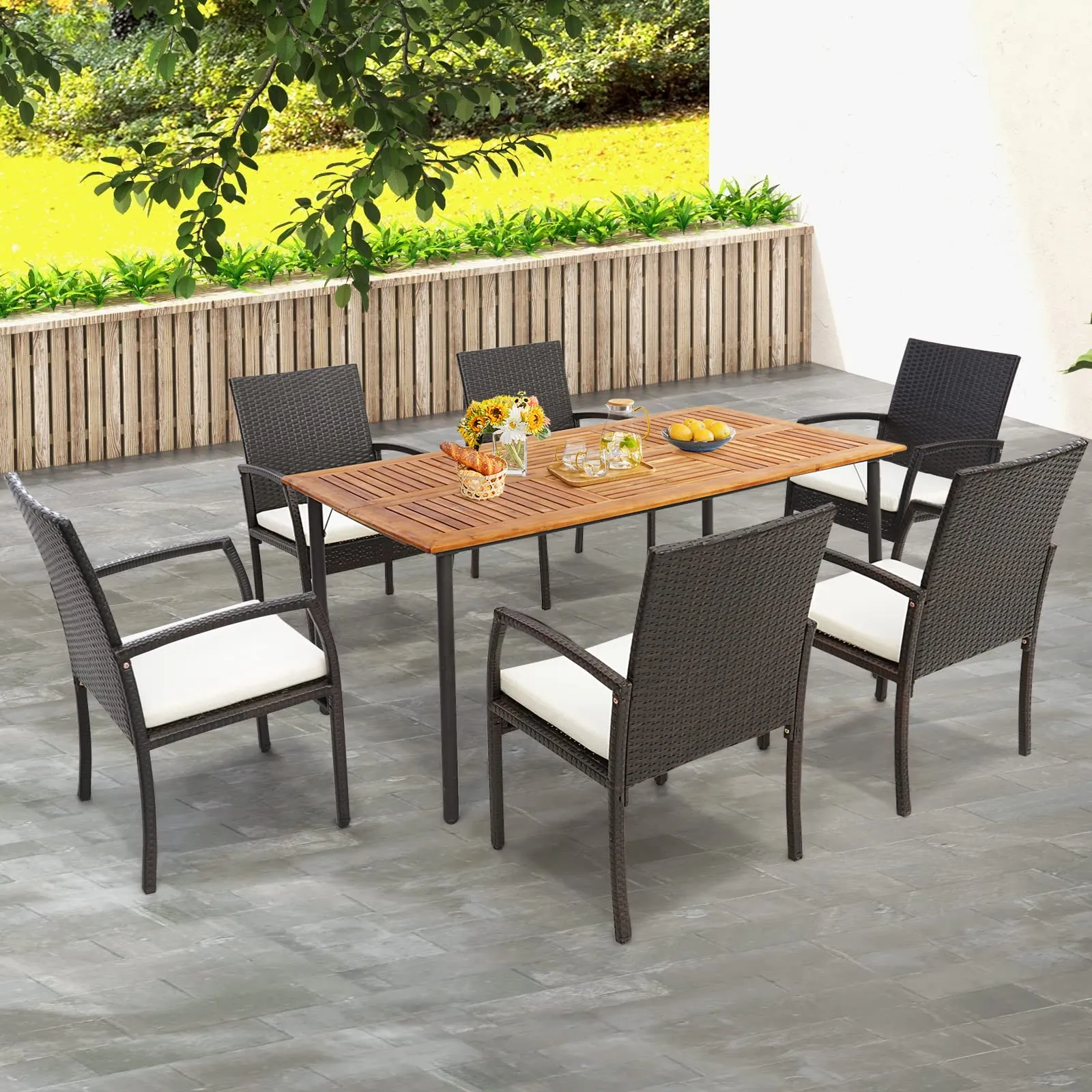 Tangkula Patio Acacia Wood Dining Table for 6 Persons, Large Rectangular Dining Table with Metal Legs