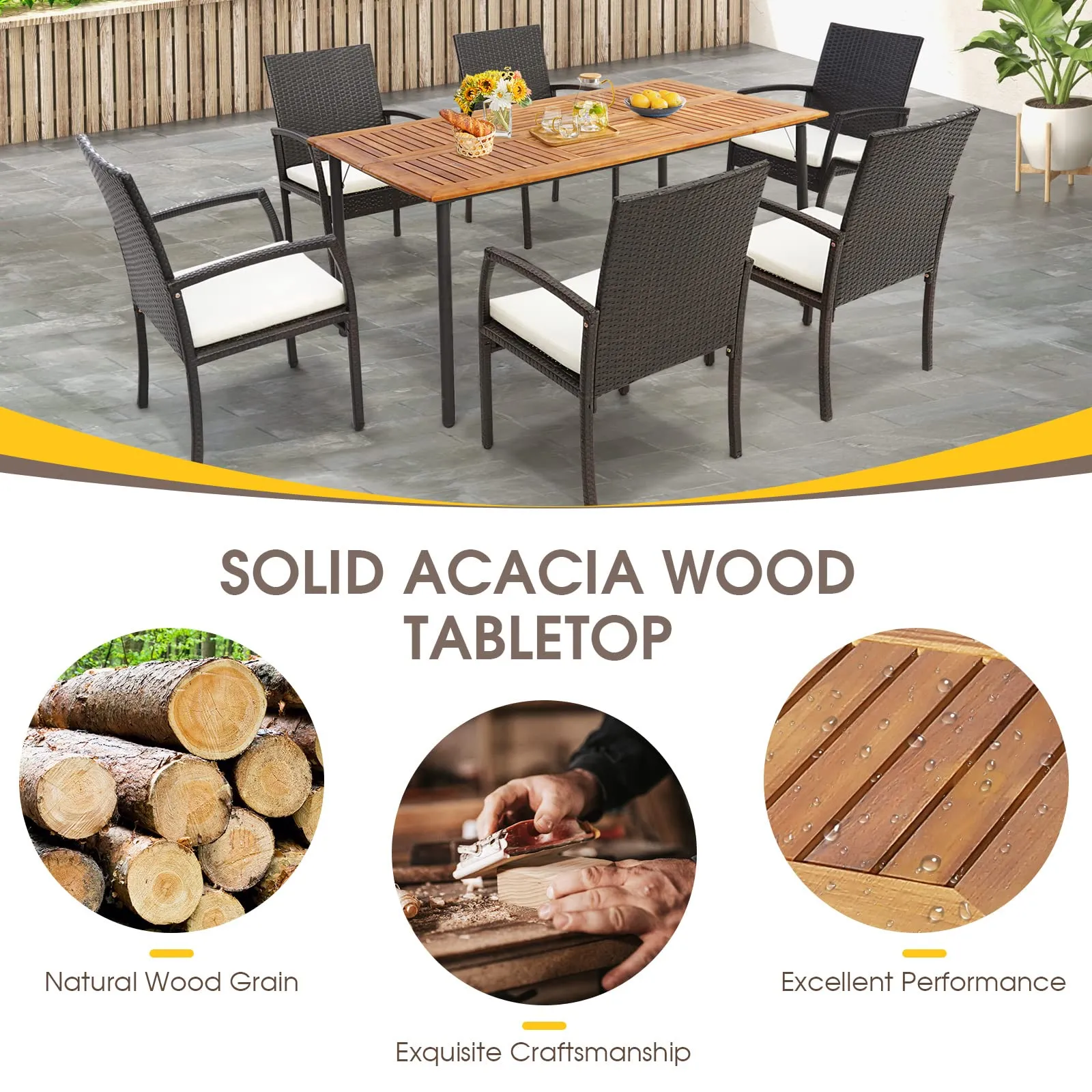 Tangkula Patio Acacia Wood Dining Table for 6 Persons, Large Rectangular Dining Table with Metal Legs